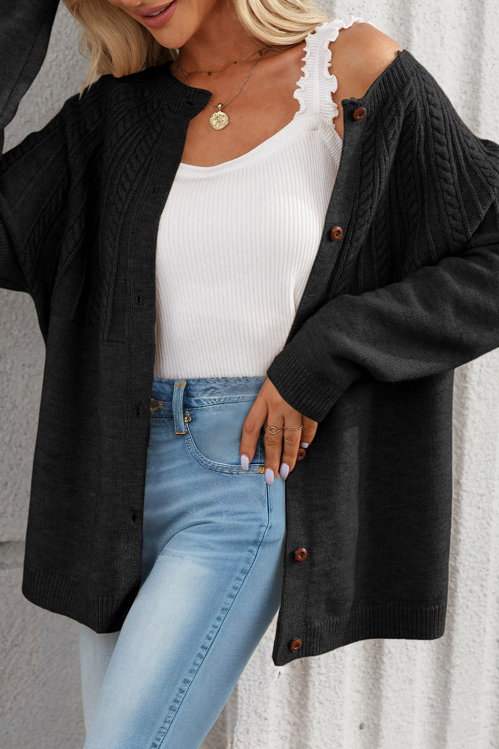 Black Solid Color Textured Detail Button Down Long Sleeve Sweater Cardigan-TOPS / DRESSES-[Adult]-[Female]-2022 Online Blue Zone Planet