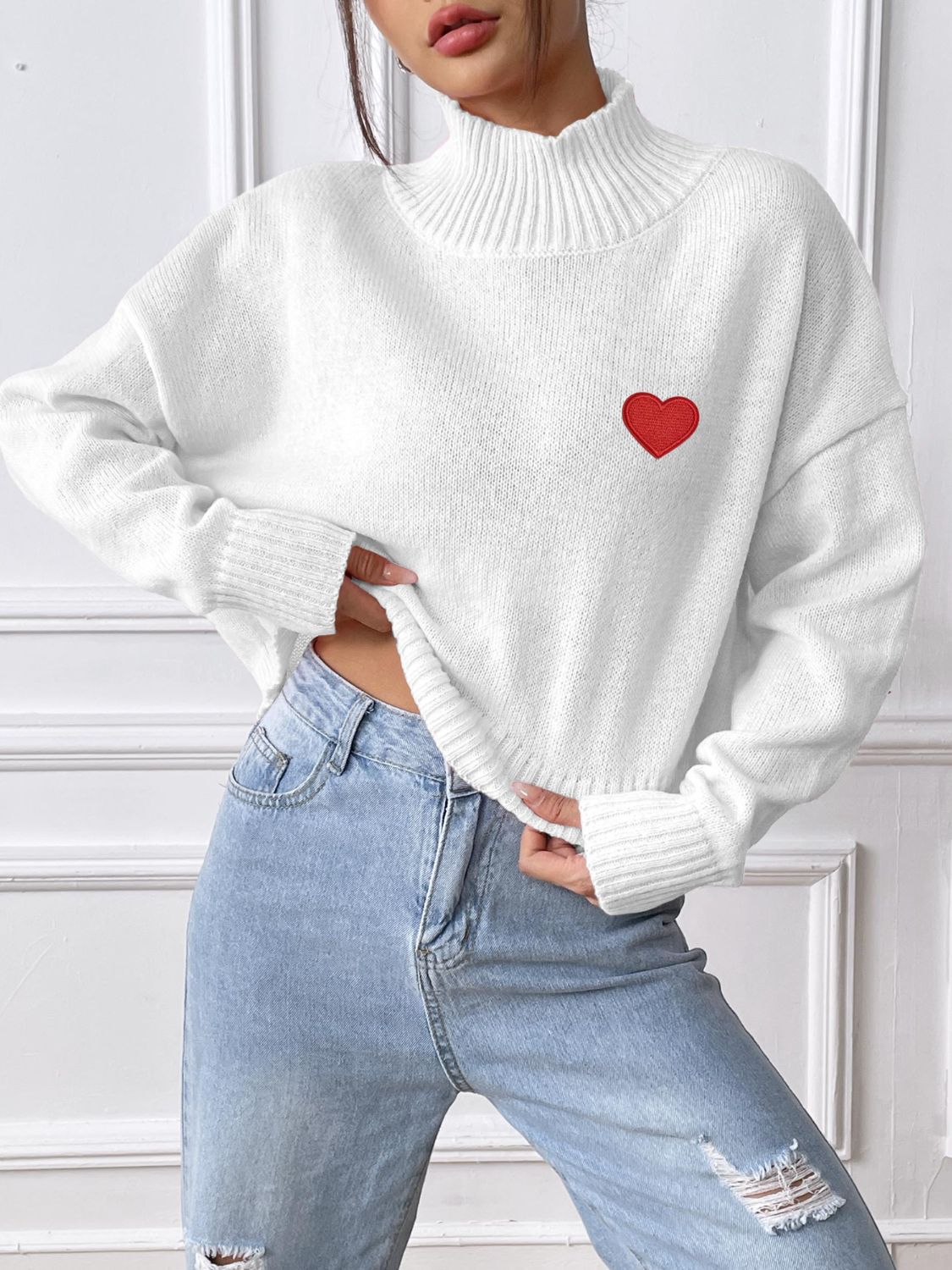 Blue Zone Planet | Heart Turtleneck Long Sleeve Sweater-TOPS / DRESSES-[Adult]-[Female]-White-S-2022 Online Blue Zone Planet