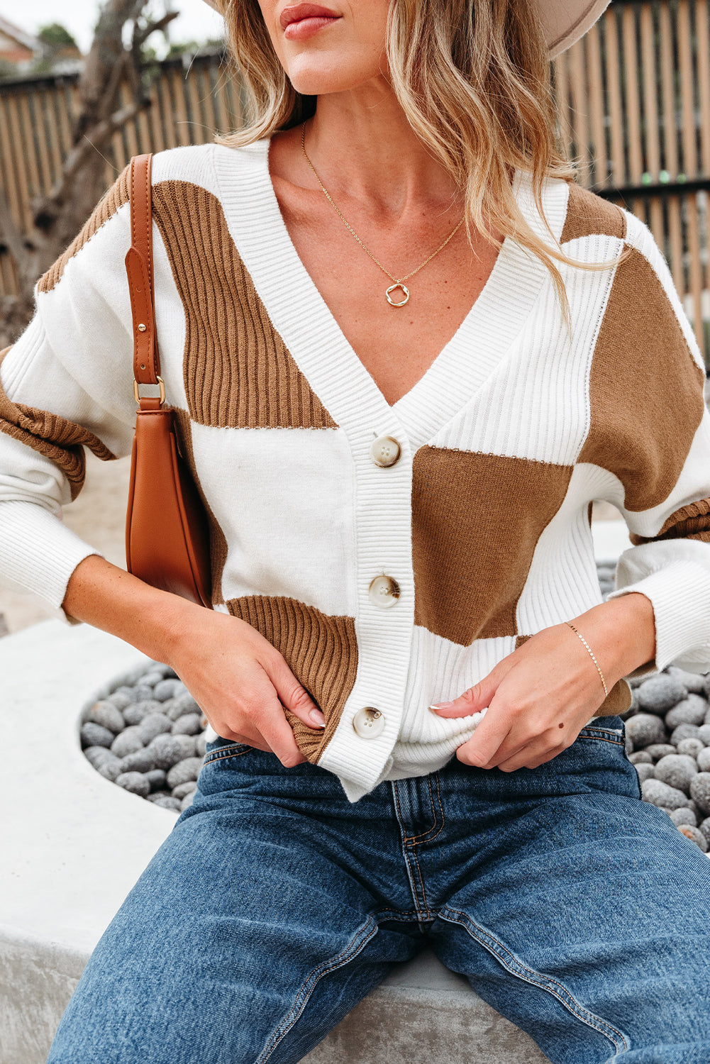 Khaki Checkered Pattern Ribbed Detail Button V Neck Sweater Cardigan-TOPS / DRESSES-[Adult]-[Female]-2022 Online Blue Zone Planet
