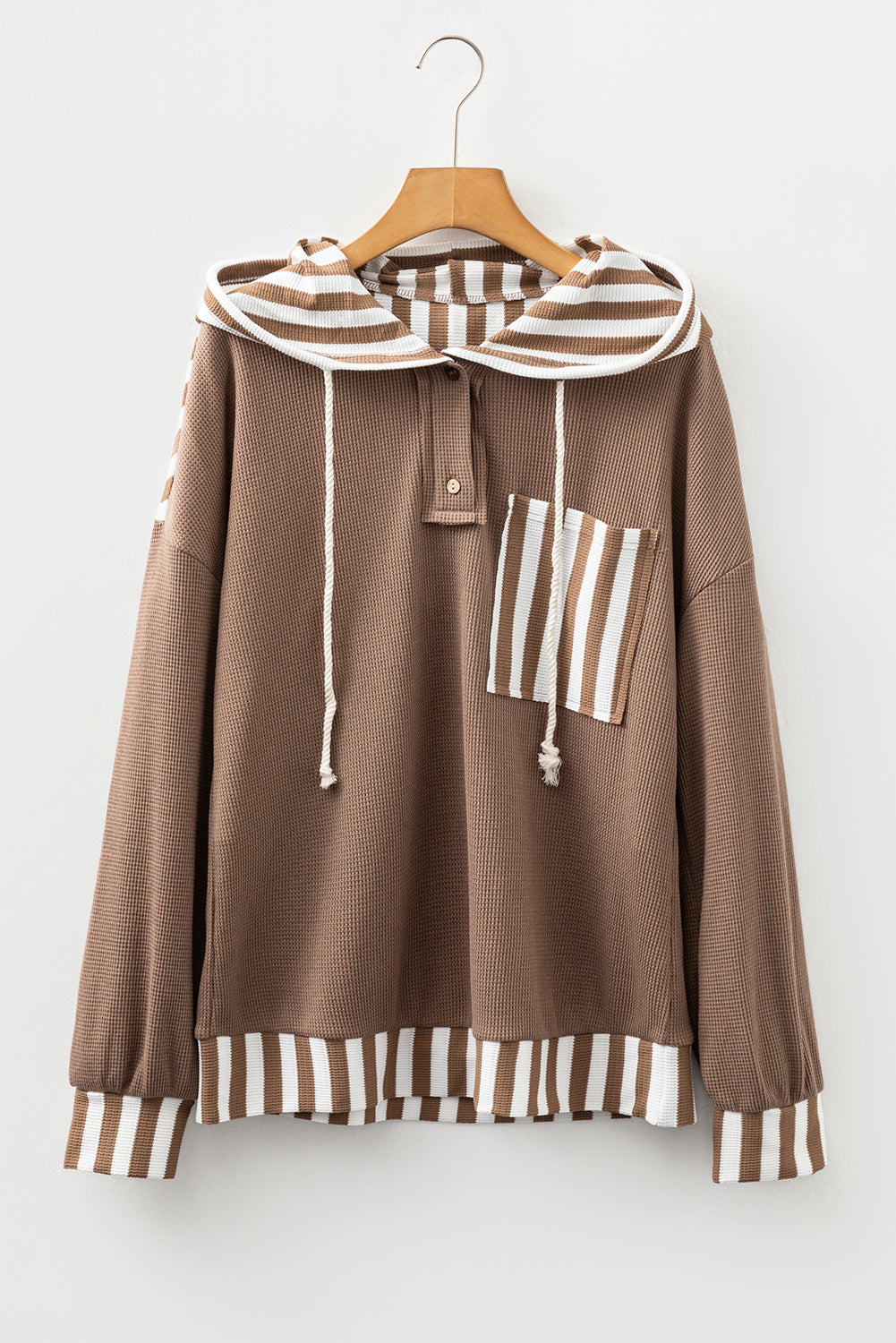 Straw Yellow Waffle Texture Striped Patchwork Button Neck Drawstring Hoodie-Tops / Dresses-[Adult]-[Female]-2022 Online Blue Zone Planet