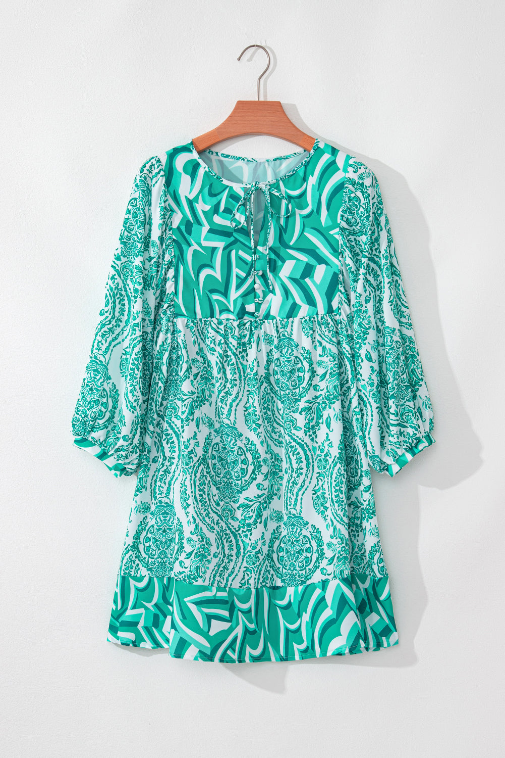 Blue Zone Planet | Green Bohemian Print Puff Sleeve Tied V Neck Flared Mini Dress-TOPS / DRESSES-[Adult]-[Female]-2022 Online Blue Zone Planet