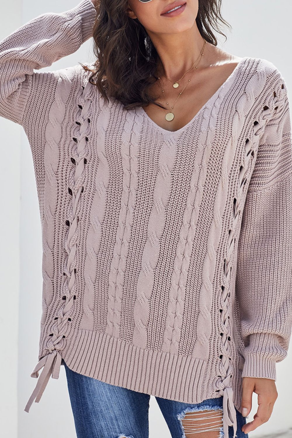 Blue Zone Planet | Cable Knit Lace Up V-Neck Sweater-TOPS / DRESSES-[Adult]-[Female]-Dusty Pink-S-2022 Online Blue Zone Planet