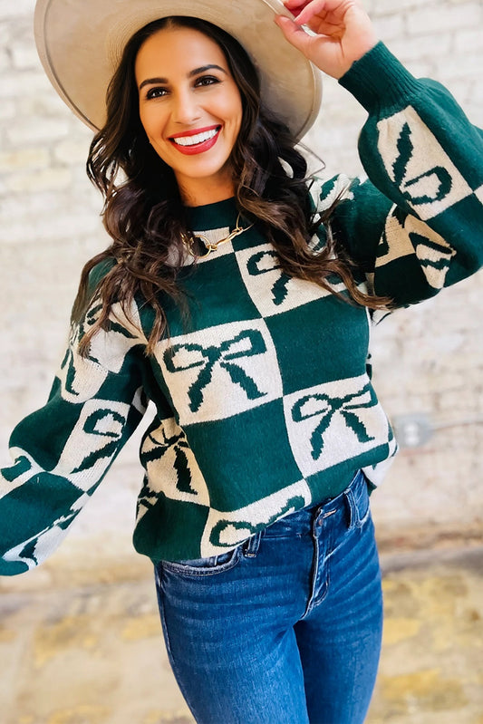 Blackish Green Checkered Bow Print Casual Sweater-TOPS / DRESSES-[Adult]-[Female]-Blackish Green-S-2022 Online Blue Zone Planet