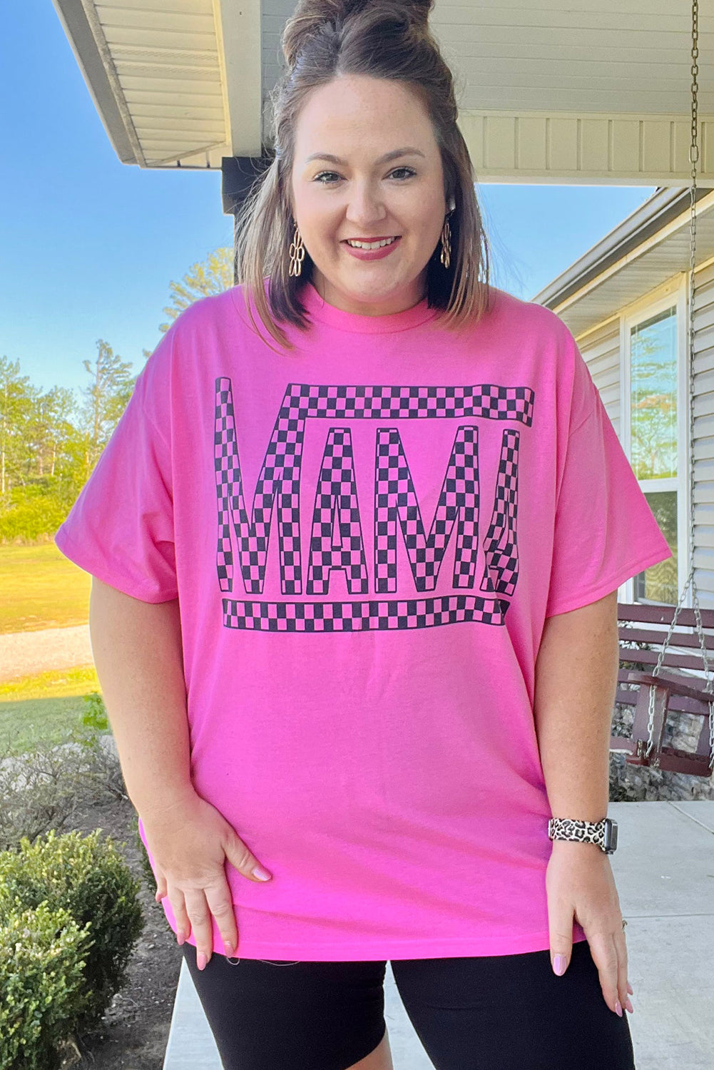 Bright Pink Checkered MAMA Letter Print Plus Size T Shirt-Plus Size Tops-[Adult]-[Female]-2022 Online Blue Zone Planet