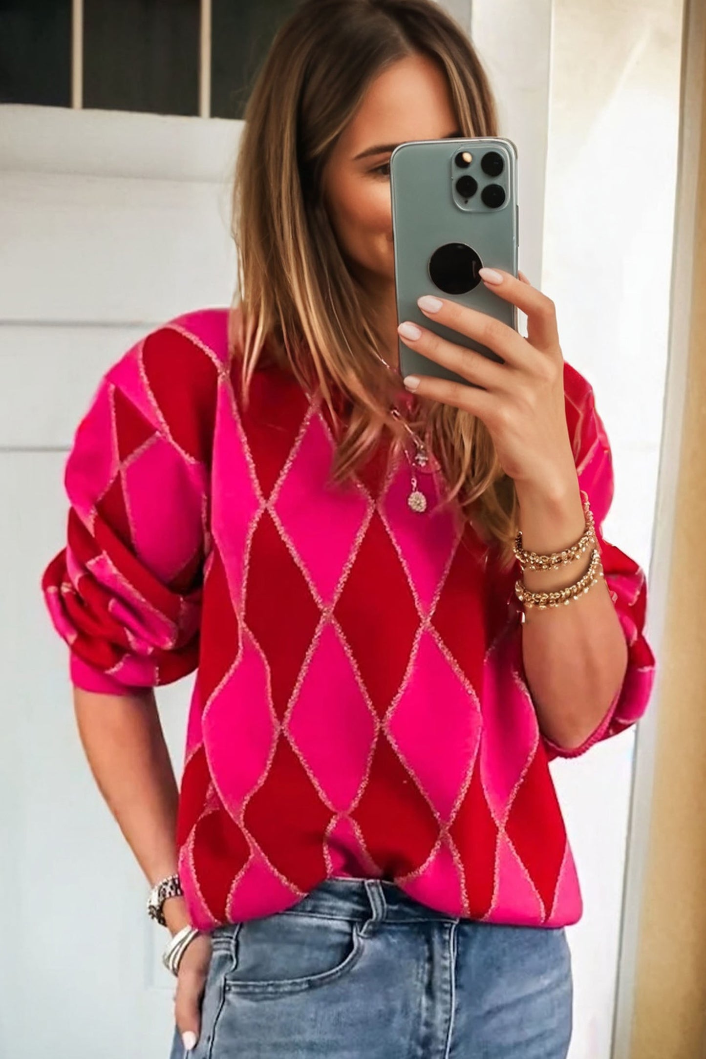 Rose Red Glitter Rhombus Pattern Knit Womens Casual Sweater-TOPS / DRESSES-[Adult]-[Female]-2022 Online Blue Zone Planet