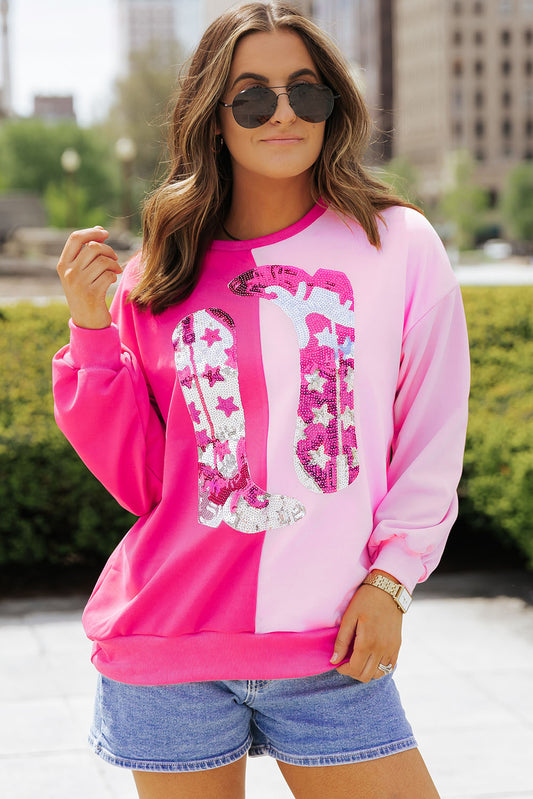 Pink Color Block Sequined Cowgirl Boots Graphic Sweatshirt-Tops/Sweatshirts & Hoodies-[Adult]-[Female]-Pink-S-2022 Online Blue Zone Planet