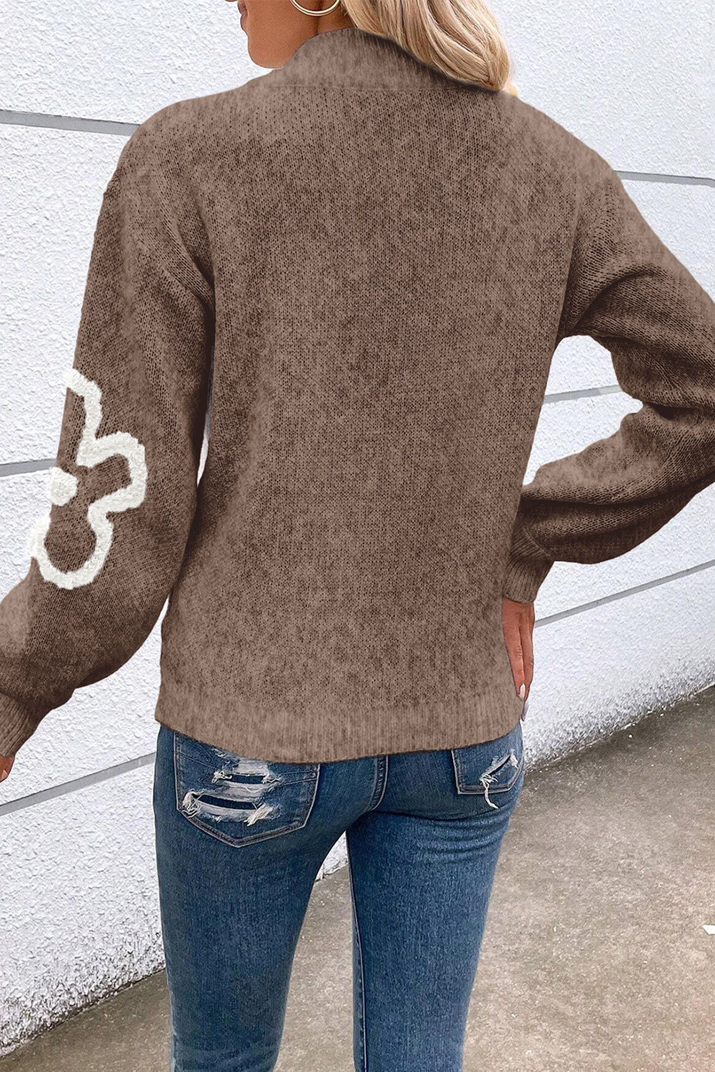 Blue Zone Planet | Parchment Contrast Flower Half Zipper Stand Neck Sweater-Sweaters & Cardigans/Sweaters-[Adult]-[Female]-2022 Online Blue Zone Planet