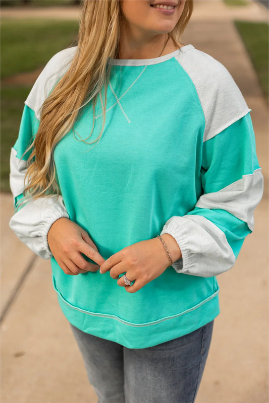 Plus Size Exposed Seam Color Block Long Sleeve Sweatshirt-TOPS / DRESSES-[Adult]-[Female]-Turquoise-1XL-2022 Online Blue Zone Planet