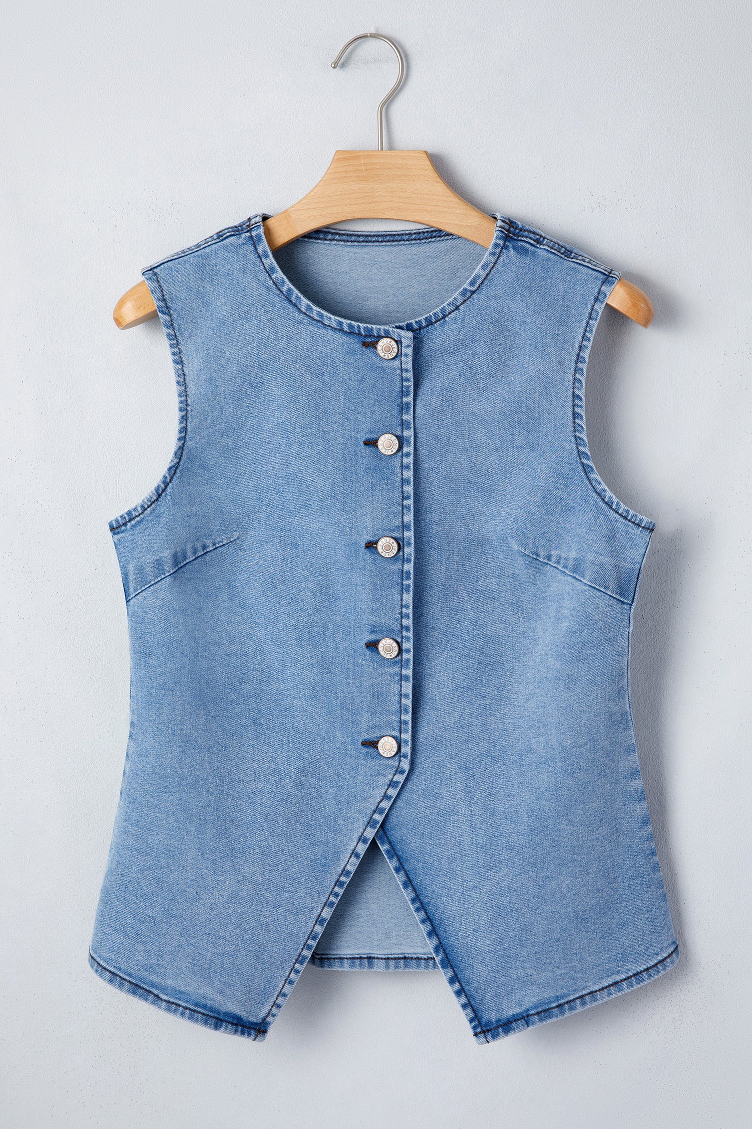 Black Buttoned Front Slit Denim Vest-Tops/Tank Tops-[Adult]-[Female]-2022 Online Blue Zone Planet