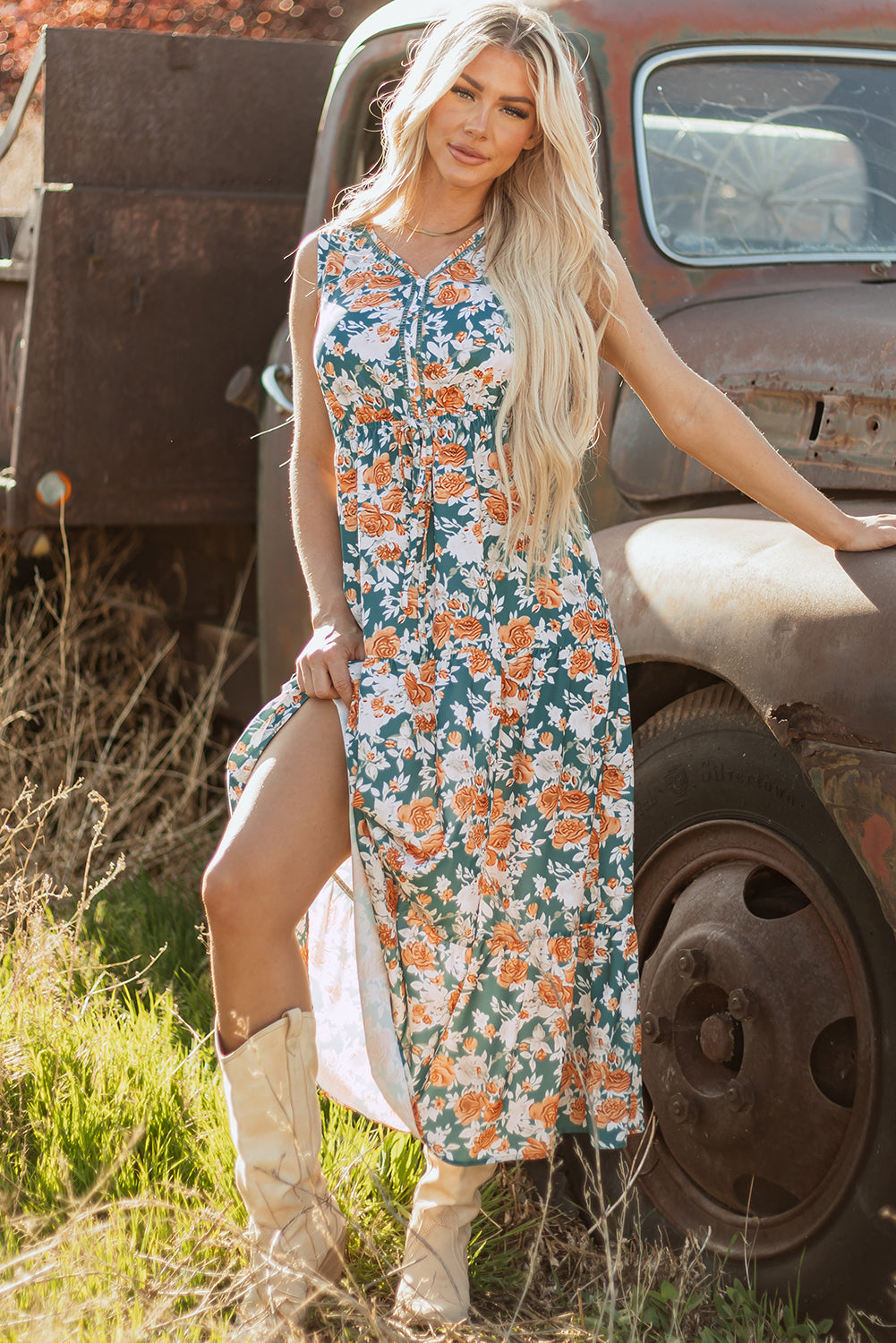 Green Floral Print Trimmed V Neck Tie Waist Sleeveless Holiday Long Dress-TOPS / DRESSES-[Adult]-[Female]-2022 Online Blue Zone Planet