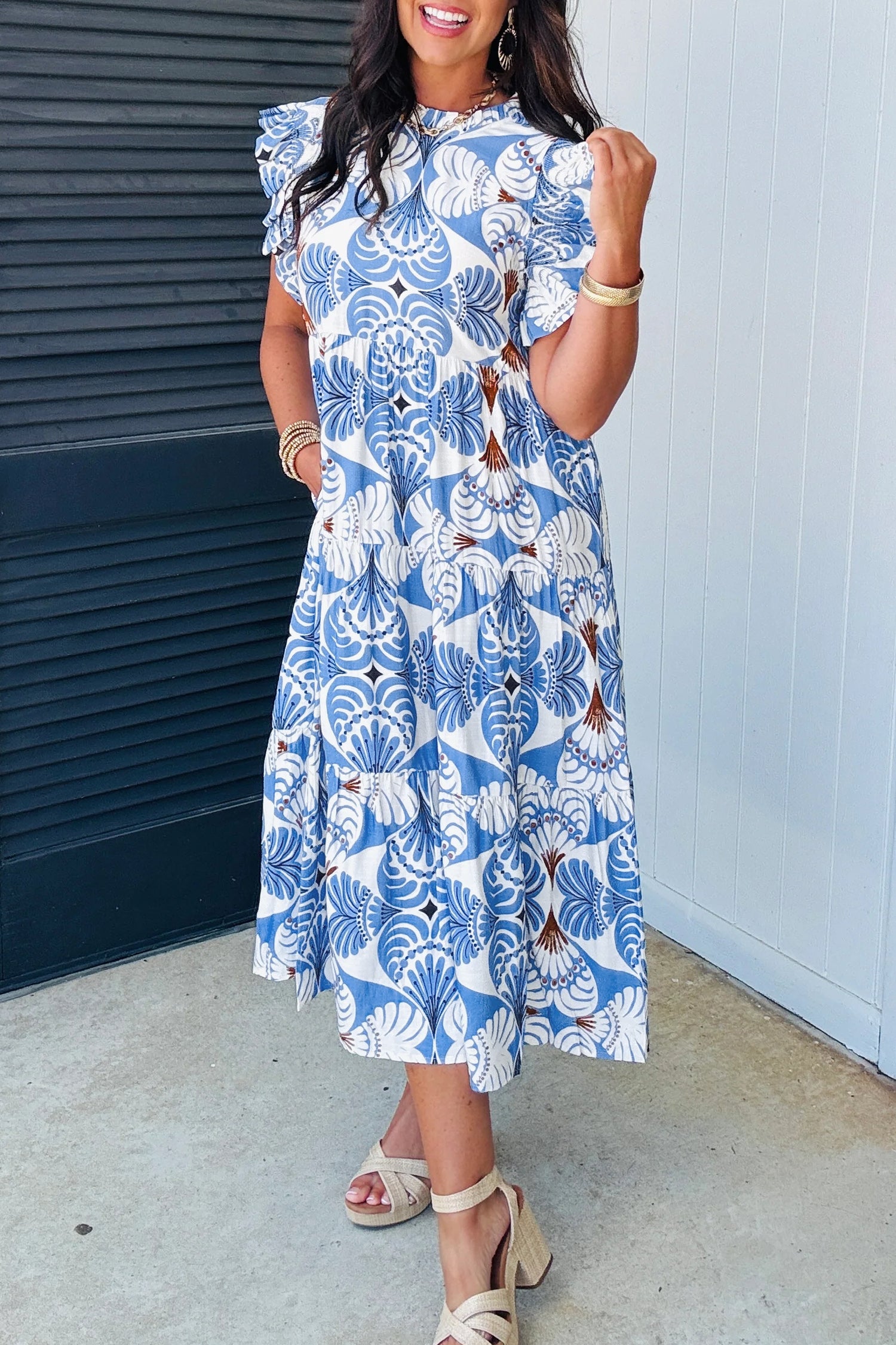 Sky Blue Tropical Botanic Print Flutter Sleeve Vacation Long Dress-Dresses/Maxi Dresses-[Adult]-[Female]-2022 Online Blue Zone Planet