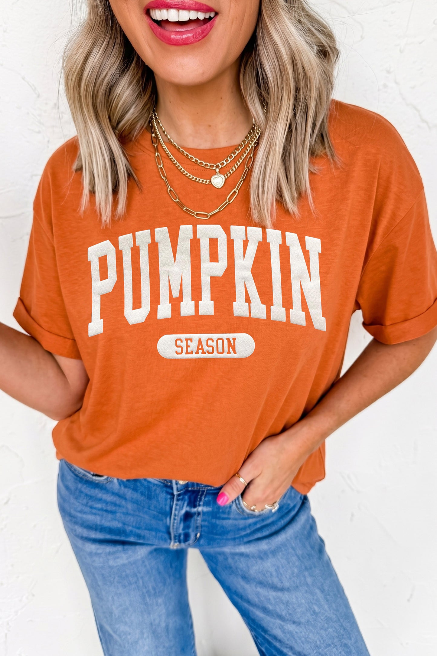 Orange PUMPKIN SEASON Letter Print Relaxed T Shirt-Graphic/Graphic Tees-[Adult]-[Female]-2022 Online Blue Zone Planet
