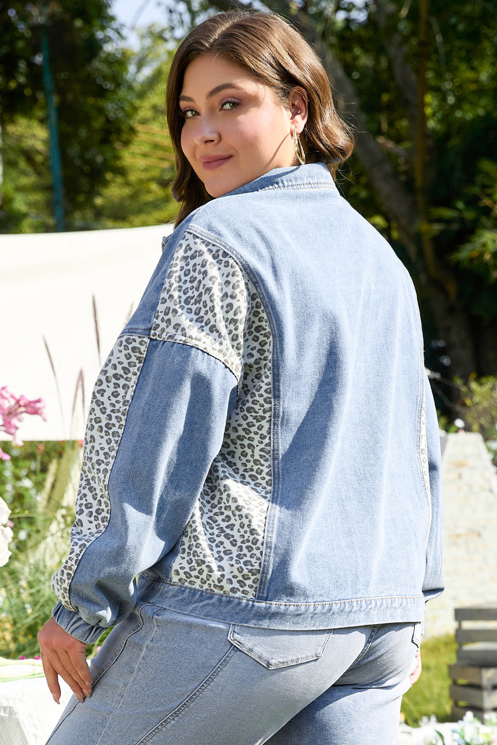 Blue Zone Planet | Beau Blue Leopard Patchwork Flap Detail Plus Size Denim Jacket-Plus Size/Plus Size Outerwear-[Adult]-[Female]-2022 Online Blue Zone Planet