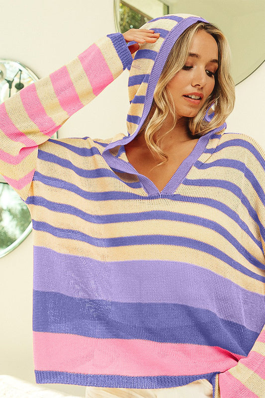 BiBi Striped Color Block Hooded Knit Top-TOPS / DRESSES-[Adult]-[Female]-Stripe-S-2022 Online Blue Zone Planet