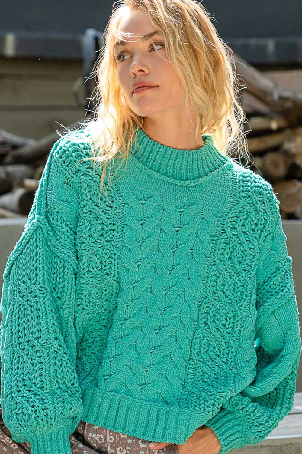 POL Mock Neck Cable Knit Sweater-TOPS / DRESSES-[Adult]-[Female]-2022 Online Blue Zone Planet