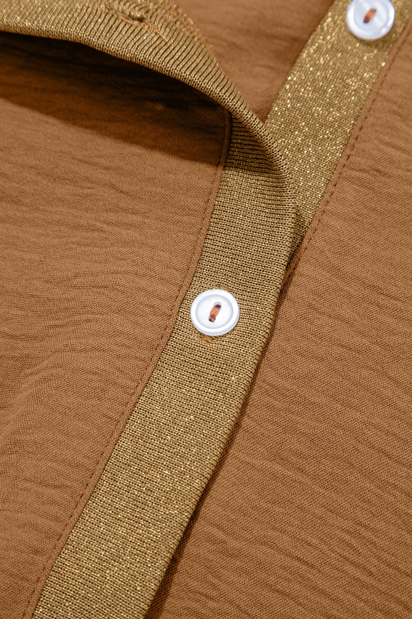Brown V Neck Glitter Trim Patchwork Button-Front Blouse-Tops/Blouses & Shirts-[Adult]-[Female]-2022 Online Blue Zone Planet