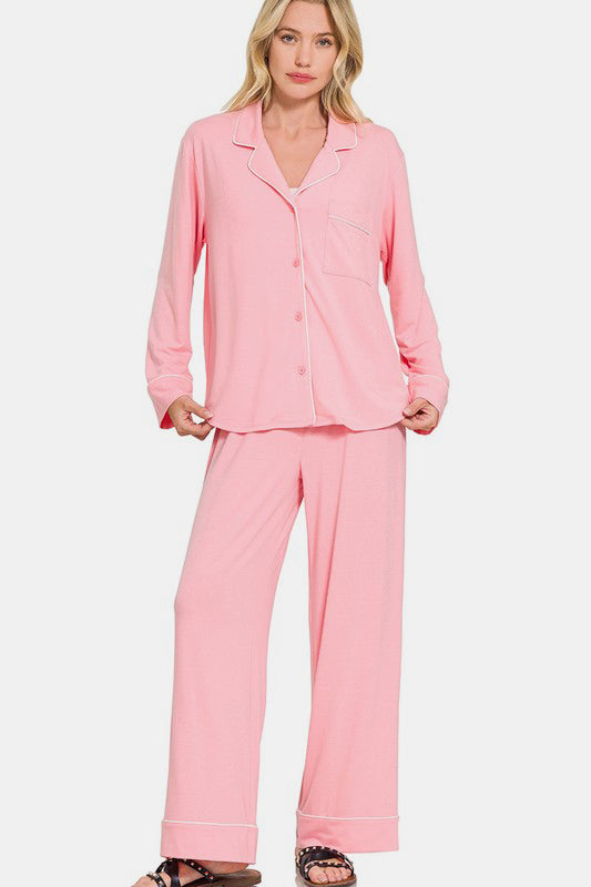 Zenana Button Down Long Sleeve Top and Pants Lounge Set-TOPS / DRESSES-[Adult]-[Female]-Pink-S-2022 Online Blue Zone Planet