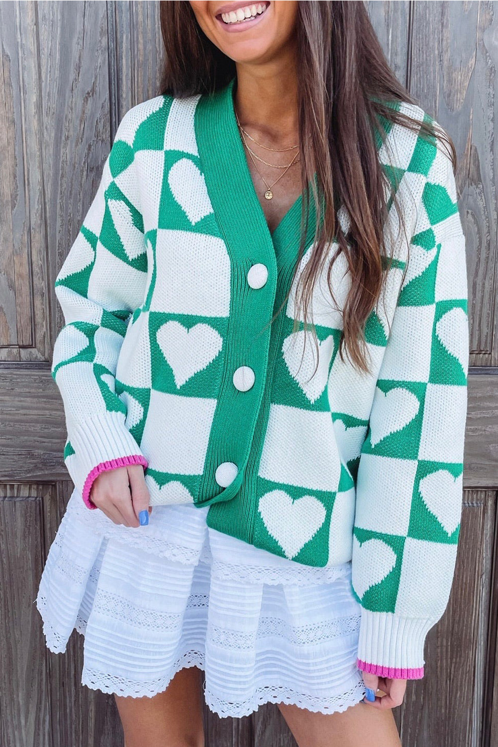 Sea Green Plaid Heart Knit V Neck Button Down Sweater Cardigan-TOPS / DRESSES-[Adult]-[Female]-Sea Green-L-2022 Online Blue Zone Planet