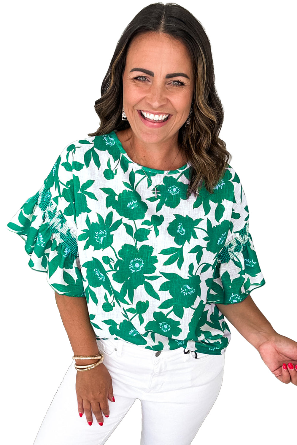 Green Floral Printed Ruffled Short Sleeve Round Neck Loose Blouse-Tops/Blouses & Shirts-[Adult]-[Female]-2022 Online Blue Zone Planet