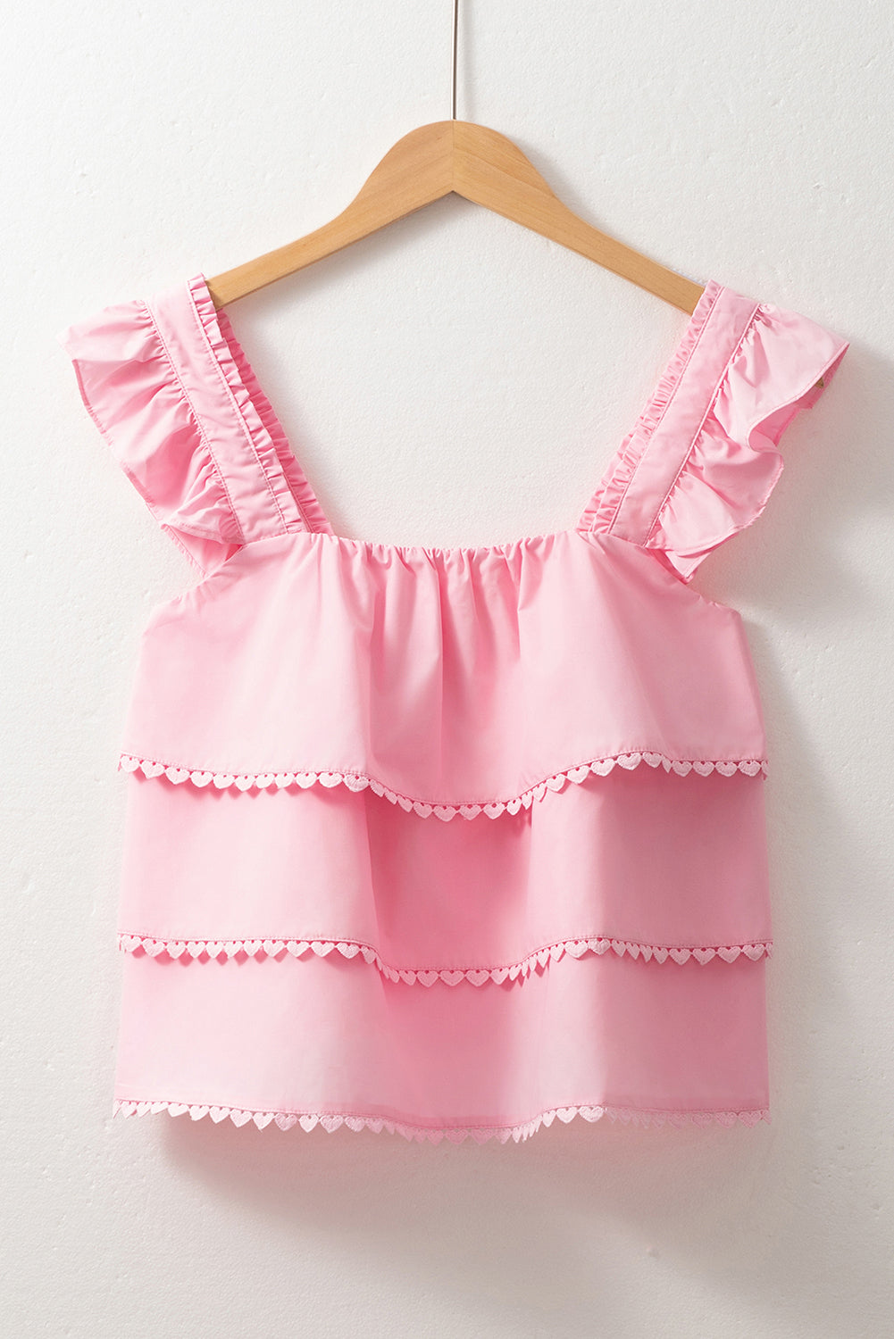 Pink Tiered Heart Trim Square Neck Flutter Top-Tops/Tank Tops-[Adult]-[Female]-2022 Online Blue Zone Planet