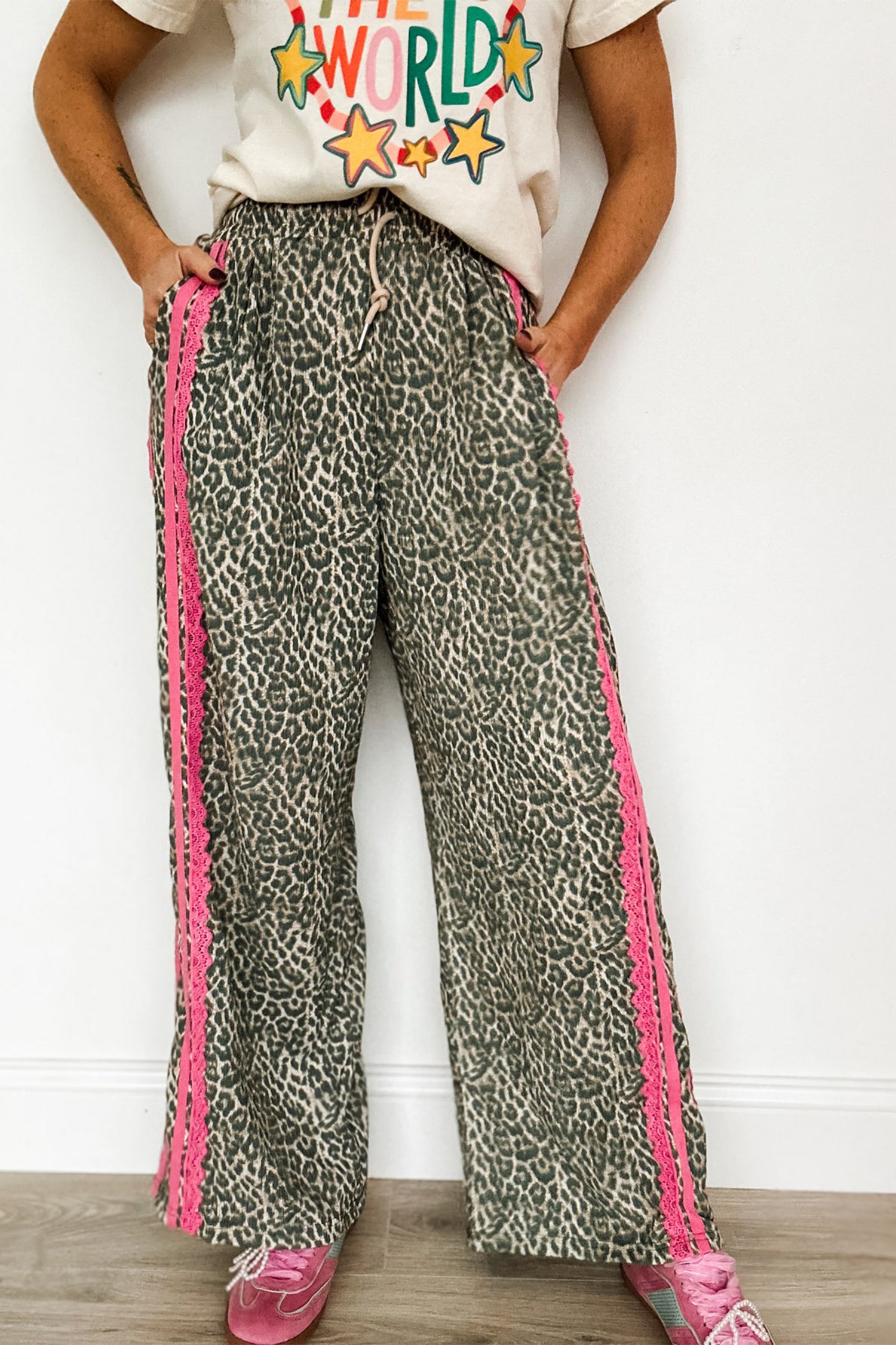 Brown Wild Leopard Print Contrast Lace Striped Detail Drawstring Pants-Bottoms/Pants & Culotte-[Adult]-[Female]-Brown-S-2022 Online Blue Zone Planet