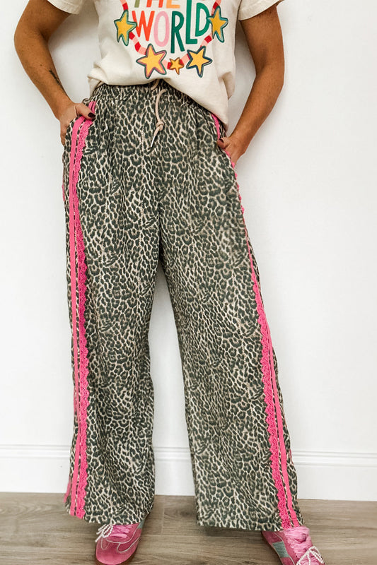 Brown Wild Leopard Print Contrast Lace Striped Detail Drawstring Pants-Bottoms/Pants & Culotte-[Adult]-[Female]-Brown-S-2022 Online Blue Zone Planet