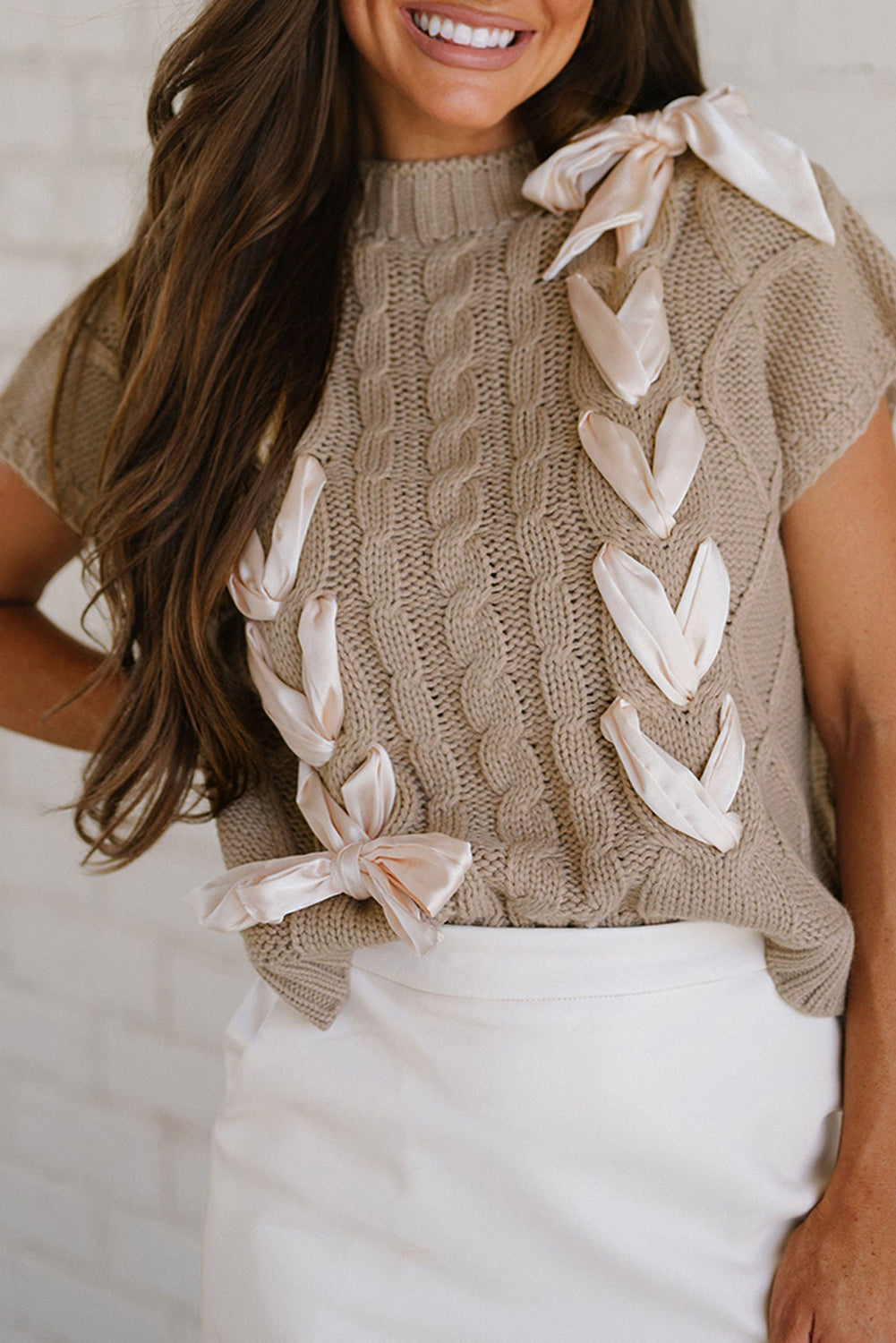 Simply Taupe Cable Knit Colorblock Satin Bowknot Short Sleeve Sweater-Sweaters & Cardigans/Short Sleeve Sweaters-[Adult]-[Female]-Simply Taupe-S-2022 Online Blue Zone Planet