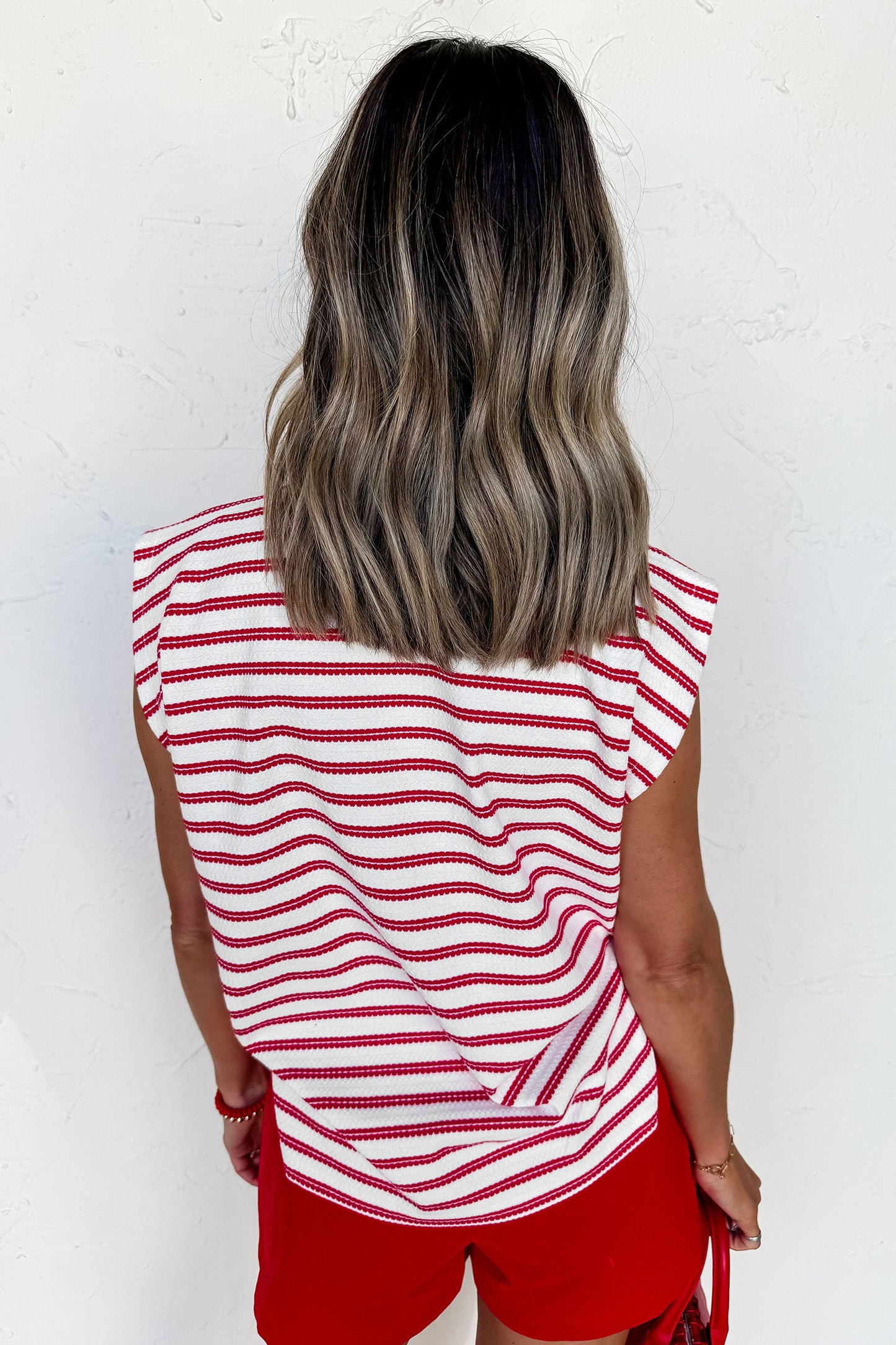 Red Stripe Textured Knit Button Detail Short Sleeve Casual Tee-Tops/Tops & Tees-[Adult]-[Female]-2022 Online Blue Zone Planet