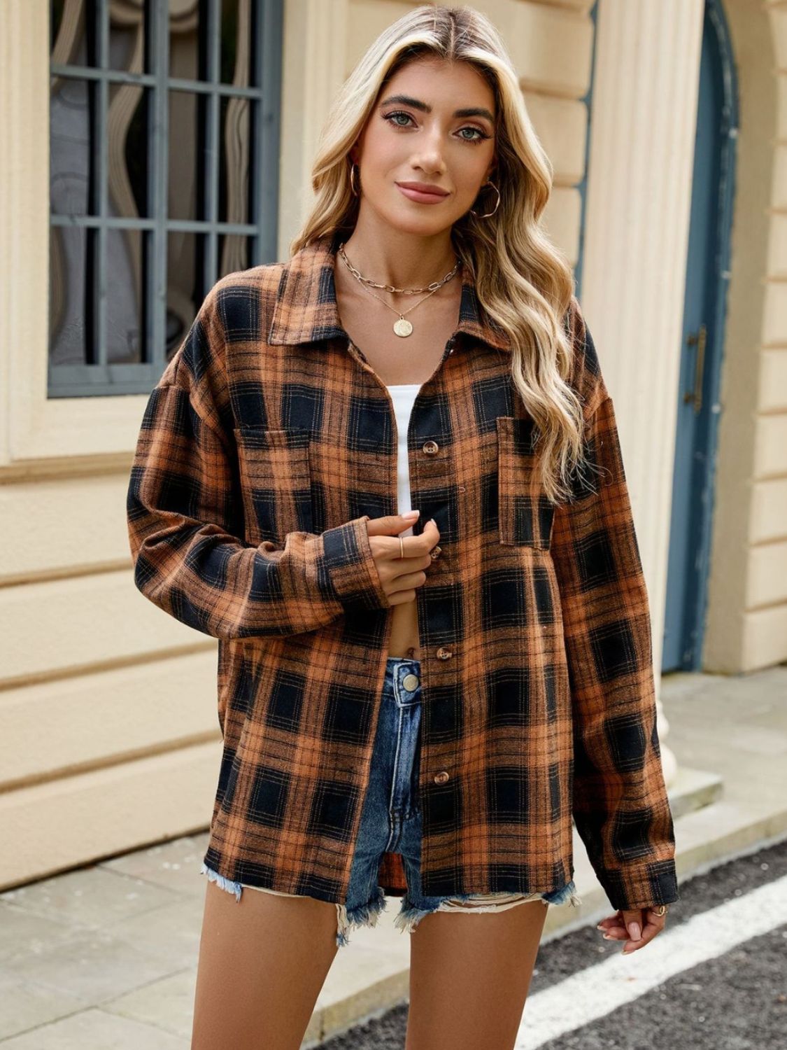 Plaid Collared Neck Long Sleeve Shirt-TOPS / DRESSES-[Adult]-[Female]-2022 Online Blue Zone Planet