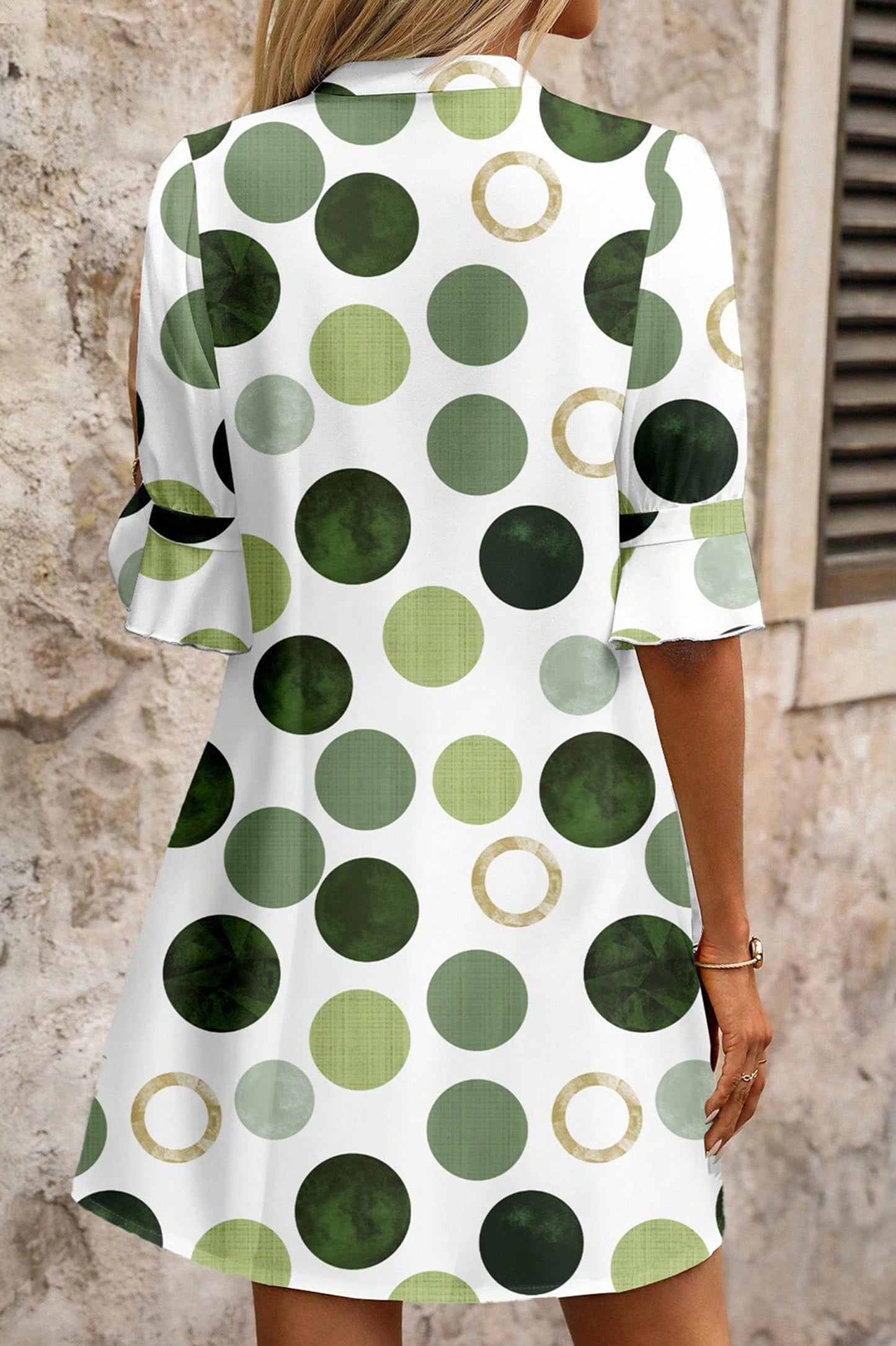 Green Polka Dot Print Flounced Half Sleeve Casual Vacation Style Mini Dress-Dresses/Mini Dresses-[Adult]-[Female]-2022 Online Blue Zone Planet