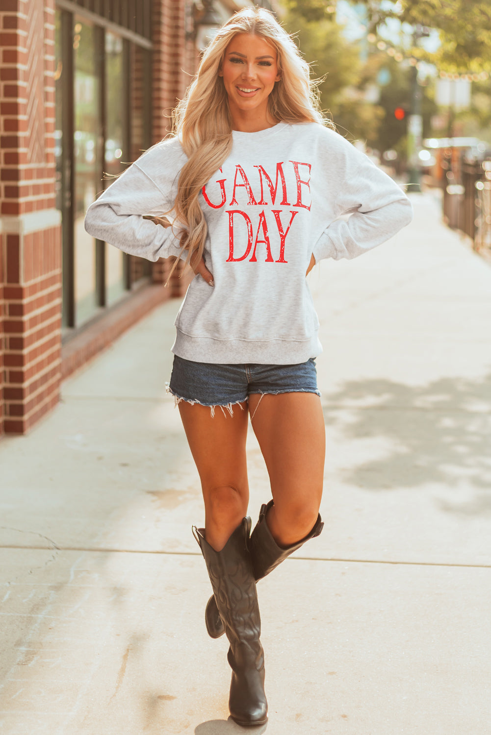 Red Vintage Washed Game Day Graphic Baggy Sweatshirt-Tops/Sweatshirts & Hoodies-[Adult]-[Female]-2022 Online Blue Zone Planet