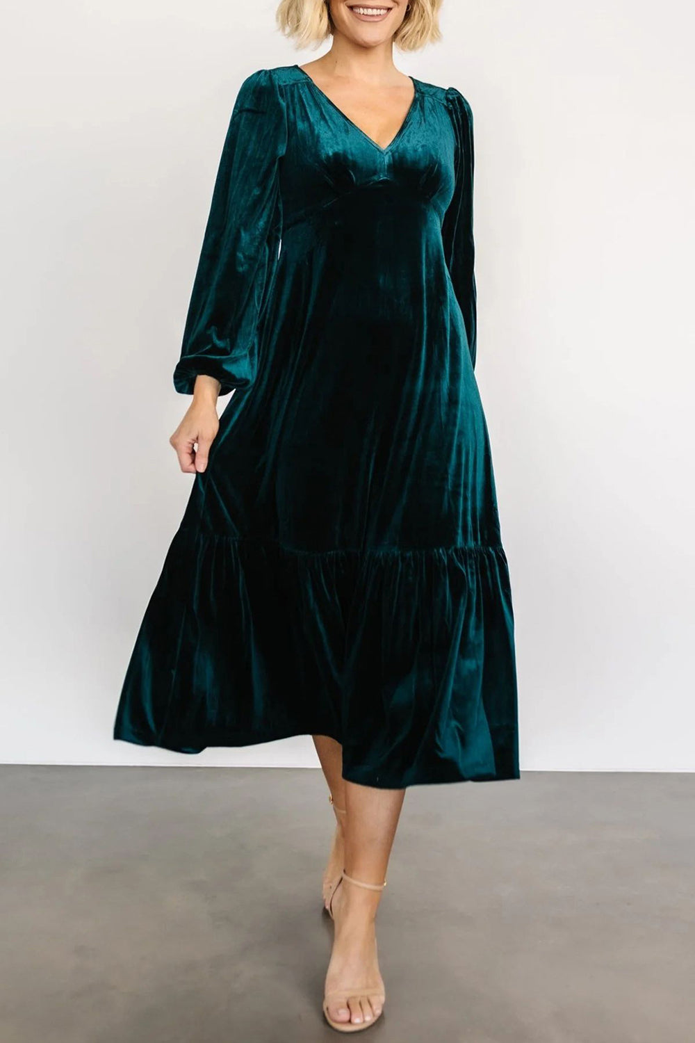 V-Neck Long Sleeve Midi Velvet Dress-TOPS / DRESSES-[Adult]-[Female]-2022 Online Blue Zone Planet