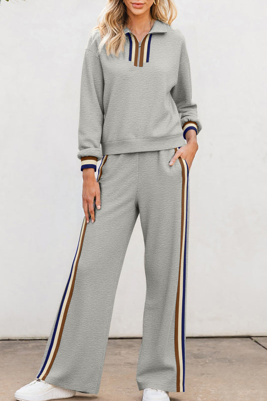 Gray Striped Patchwork Quarter Zip Pullover Loose Pant Set-Two Piece Sets/Pant Sets-[Adult]-[Female]-Gray-S-2022 Online Blue Zone Planet