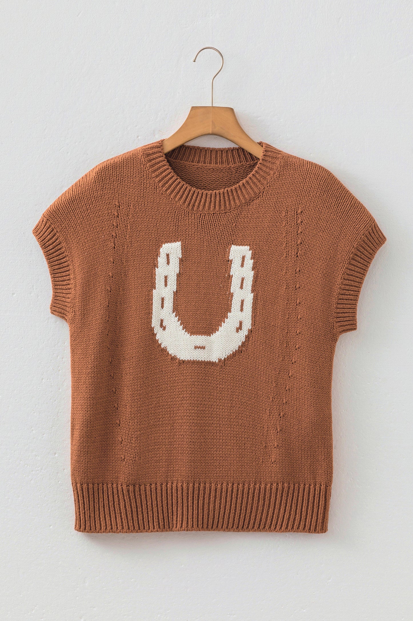 Chestnut Western Horseshoe Pattern Short Sleeve Knit Sweater-TOPS / DRESSES-[Adult]-[Female]-2022 Online Blue Zone Planet