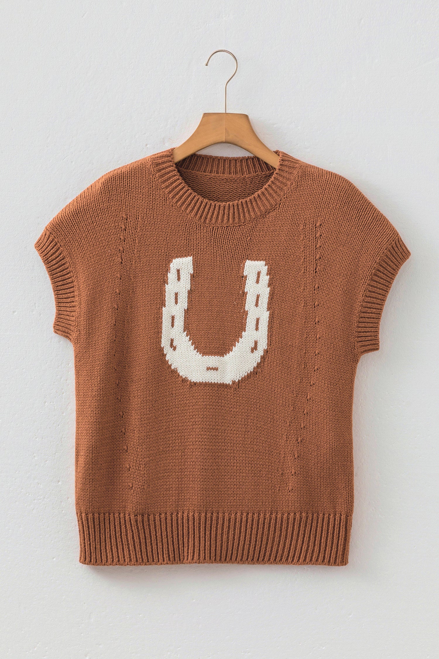 Chestnut Western Horseshoe Pattern Short Sleeve Knit Sweater-TOPS / DRESSES-[Adult]-[Female]-2022 Online Blue Zone Planet