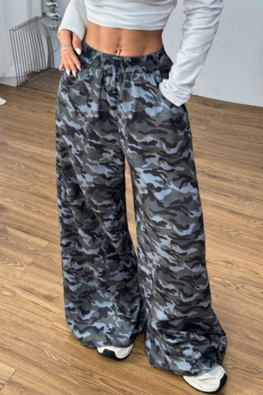 Blue Zone Planet | Camouflage Elastic Waist Wide Leg Pants-TOPS / DRESSES-[Adult]-[Female]-Blue Camouflage-S-2022 Online Blue Zone Planet