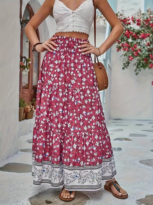 Full Size Tiered Printed Elastic Waist Skirt-BOTTOMS SIZES SMALL MEDIUM LARGE-[Adult]-[Female]-Cerise-S-2022 Online Blue Zone Planet