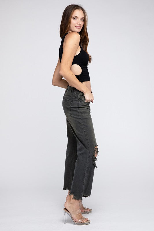 Distressed Vintage Washed Wide Leg Pants-[Adult]-[Female]-2022 Online Blue Zone Planet