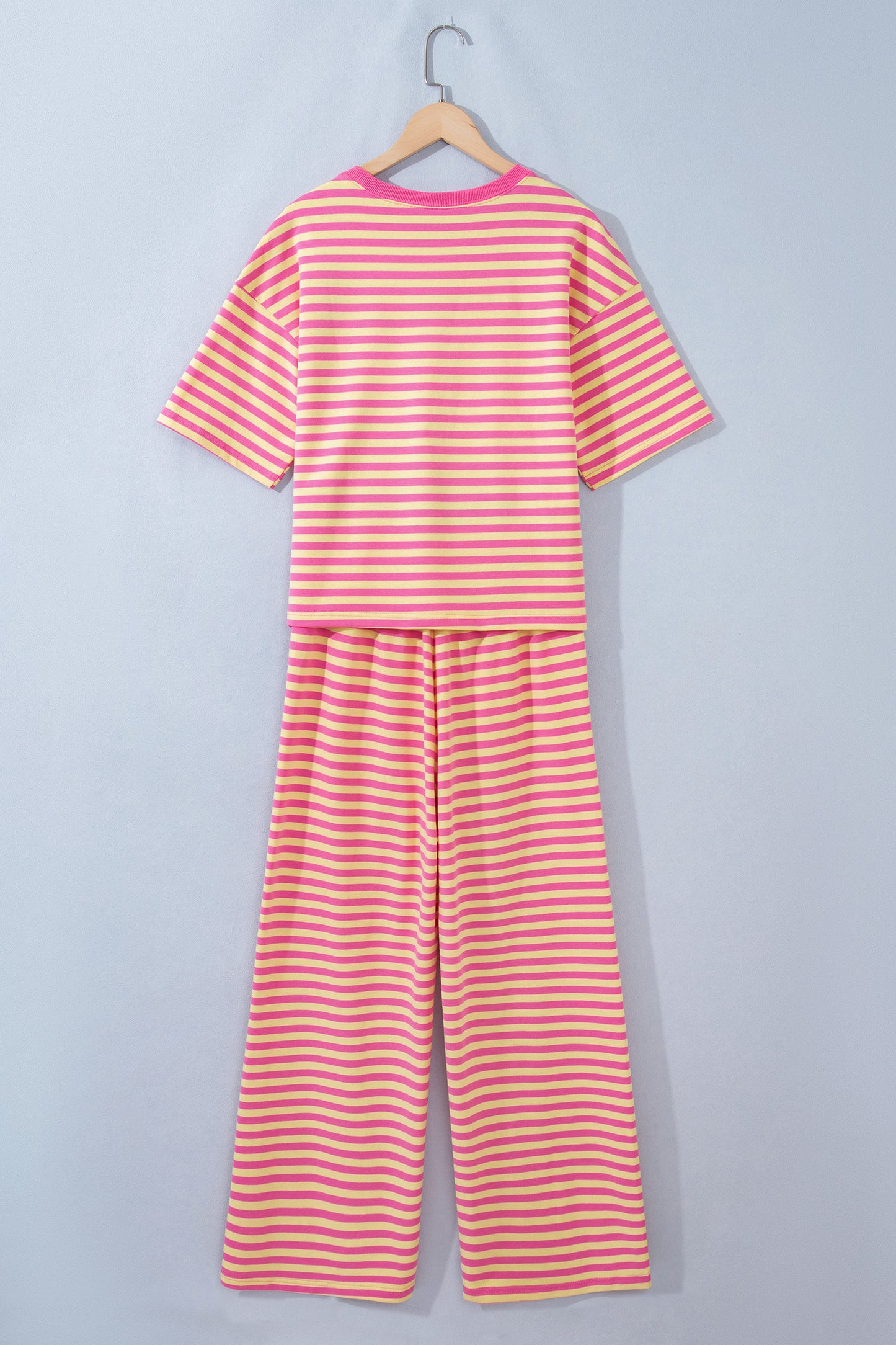 Pink Stripe Colorblock Trim Crew Neck Loose Tee Drawstring Elastic Waist 2pcs Pant Set-Two Piece Sets/Pant Sets-[Adult]-[Female]-2022 Online Blue Zone Planet