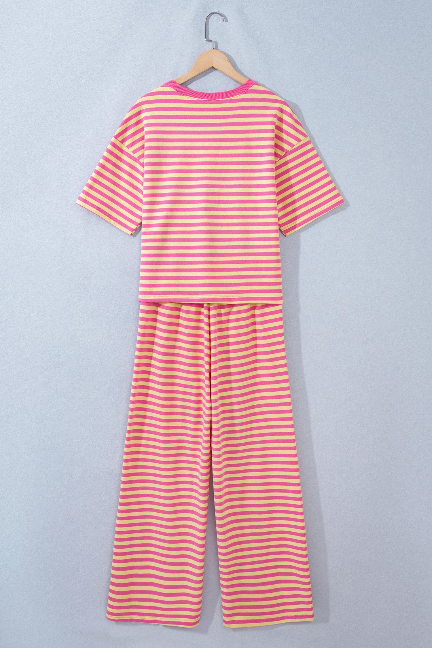 Pink Stripe Colorblock Trim Crew Neck Loose Tee Drawstring Elastic Waist 2pcs Pant Set-Two Piece Sets/Pant Sets-[Adult]-[Female]-2022 Online Blue Zone Planet