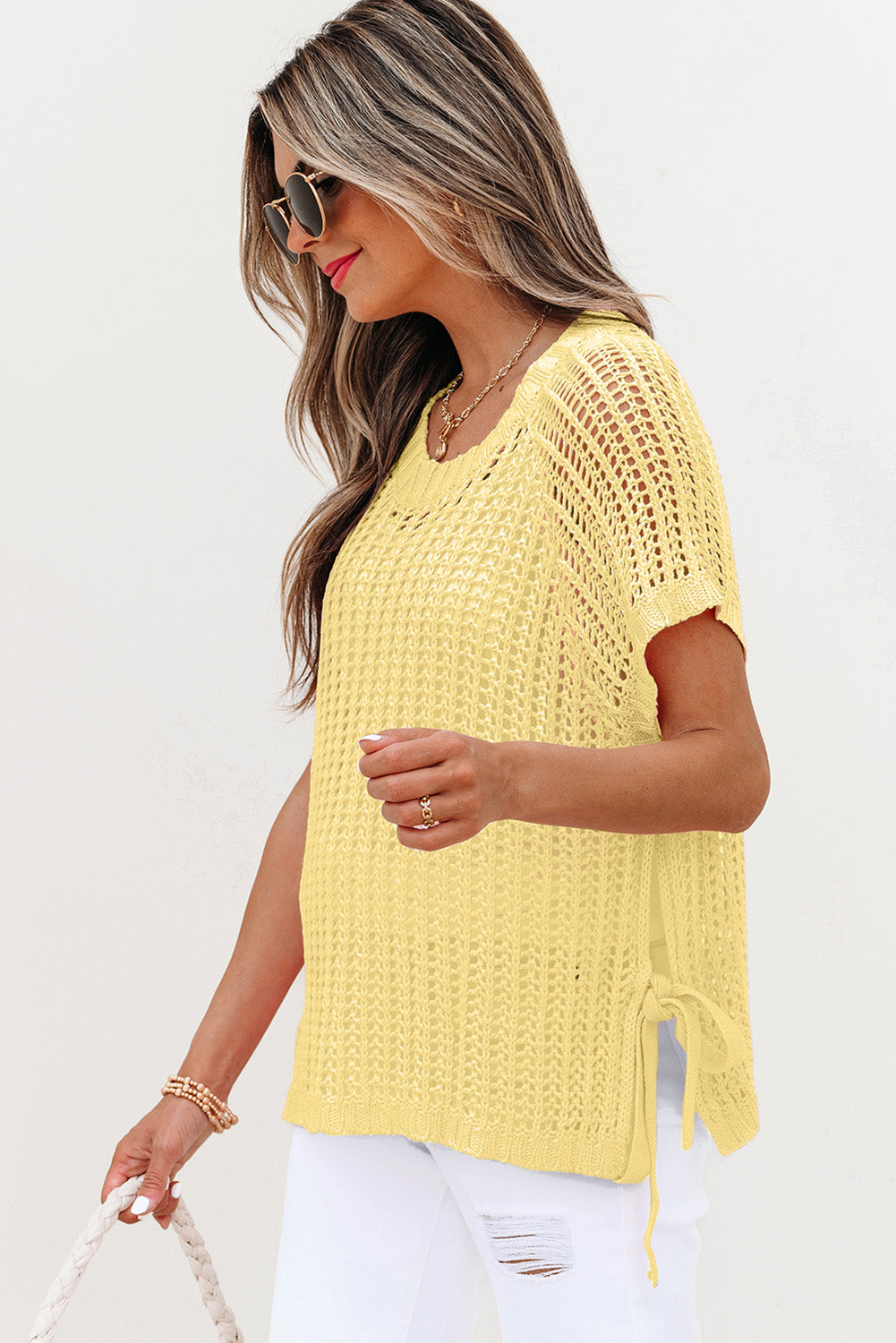Yellow Cream Hollow-Out Crochet Side Tied Short Sleeve Sweater-TOPS / DRESSES-[Adult]-[Female]-2022 Online Blue Zone Planet