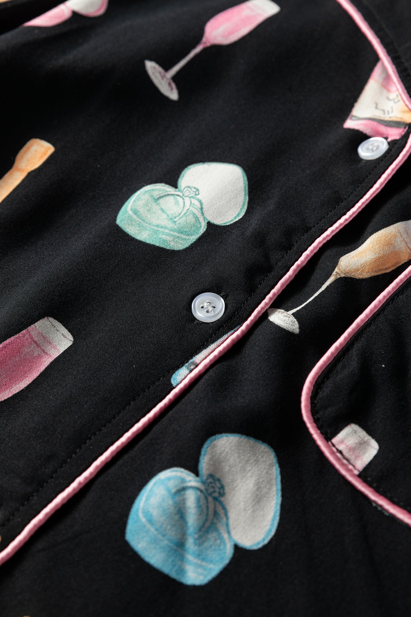 Color black Christmas Wine Glass Print Bow Knot Two Piece Pajama Set-Sleepwear-[Adult]-[Female]-2022 Online Blue Zone Planet