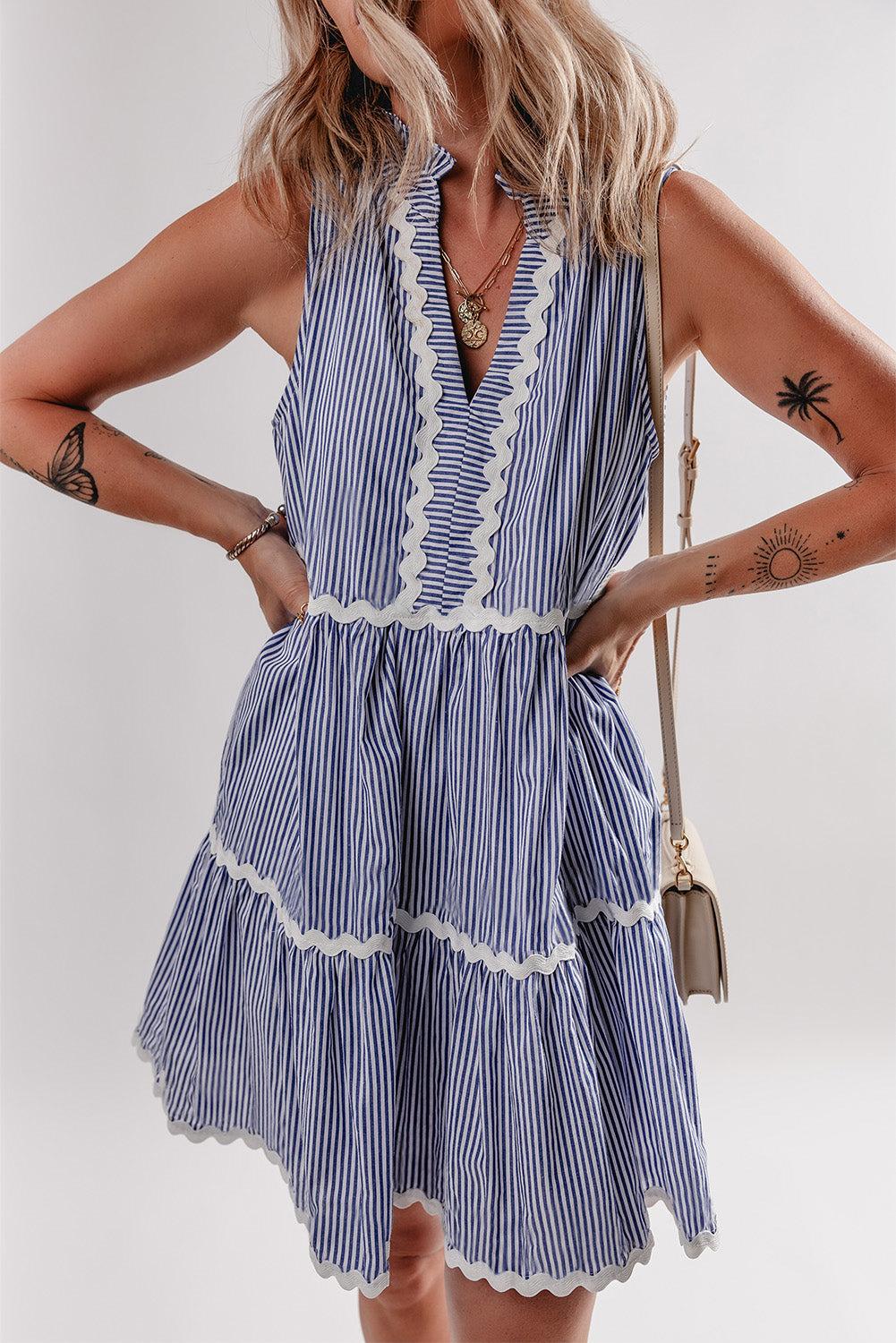 Blue Stripe Sleeveless Notched V Neck Contrast Ric Rac Mini Dress-Dresses/Mini Dresses-[Adult]-[Female]-2022 Online Blue Zone Planet