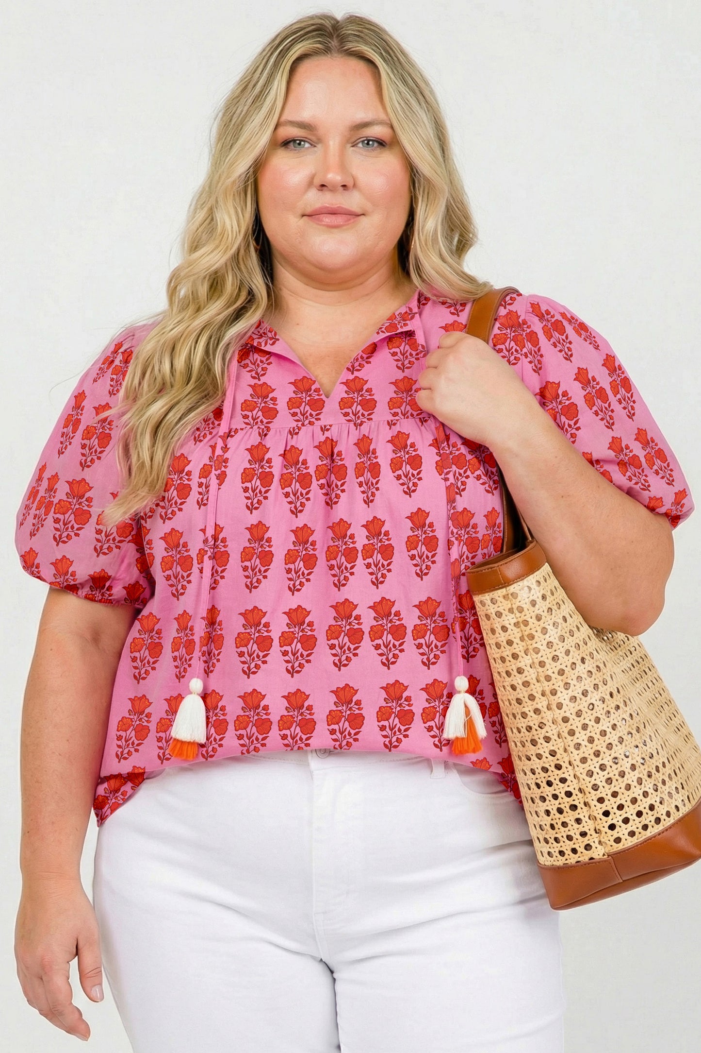 Pink Plus Size Floral Print Tassel Tie Puff Sleeve Cotton Blouse-Plus Size/Plus Size Tops/Plus Size Blouses & Shirts-[Adult]-[Female]-2022 Online Blue Zone Planet