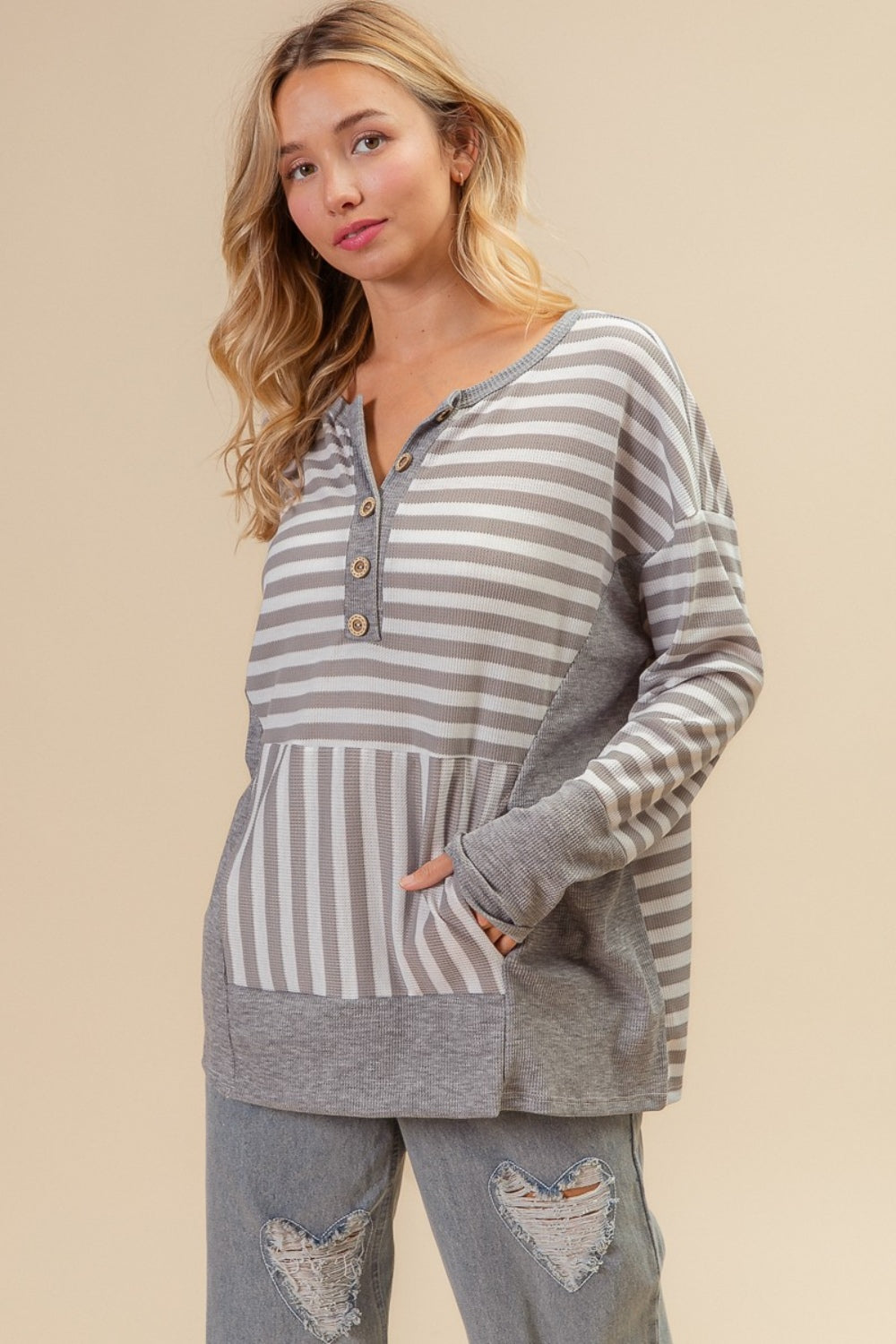 BiBi Striped Thumbhole Long Sleeve Top-TOPS / DRESSES-[Adult]-[Female]-2022 Online Blue Zone Planet