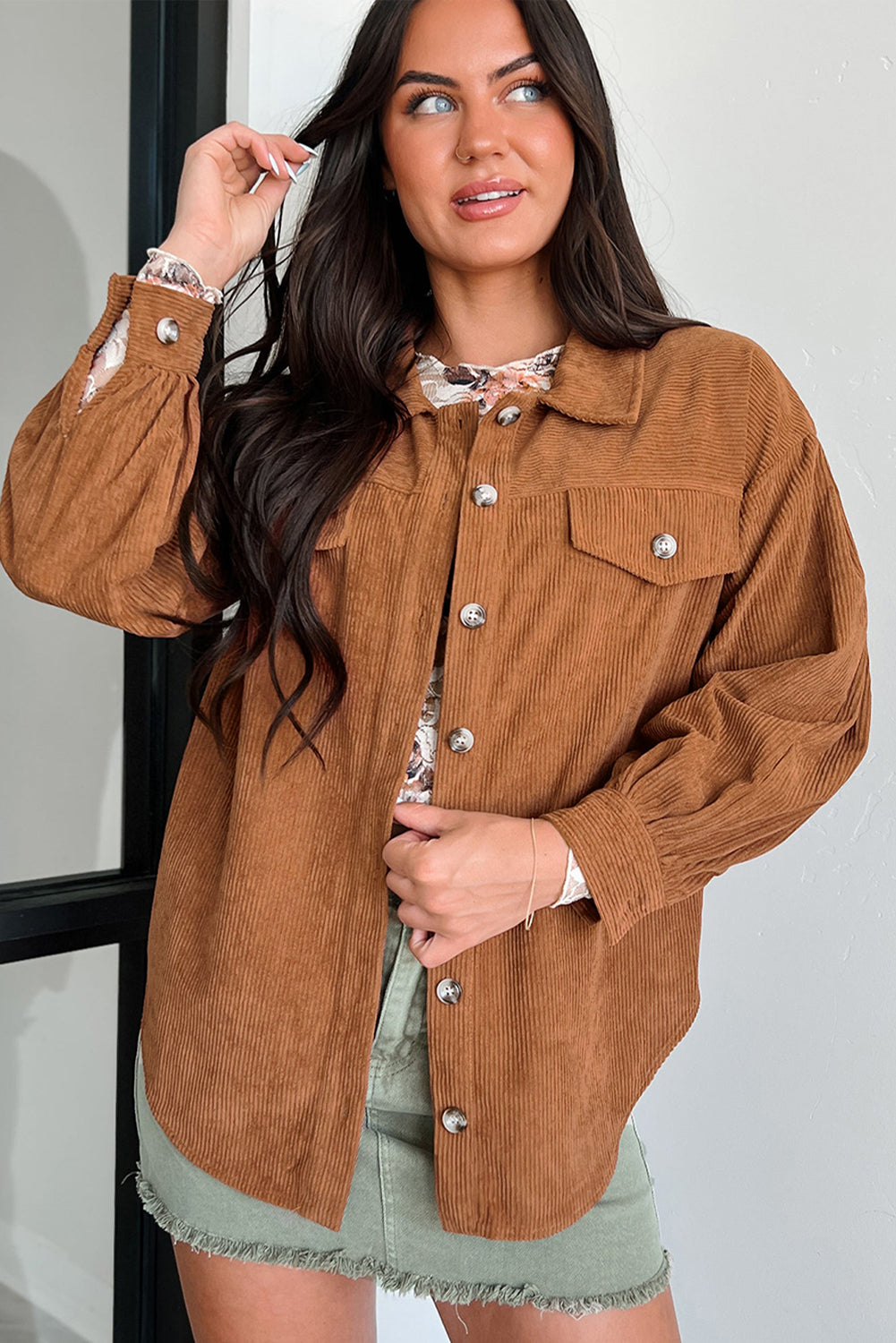 Cinnamon Corduroy Flap Pocket Button Up Round Hem Shacket-Outerwear/Jackets-[Adult]-[Female]-2022 Online Blue Zone Planet