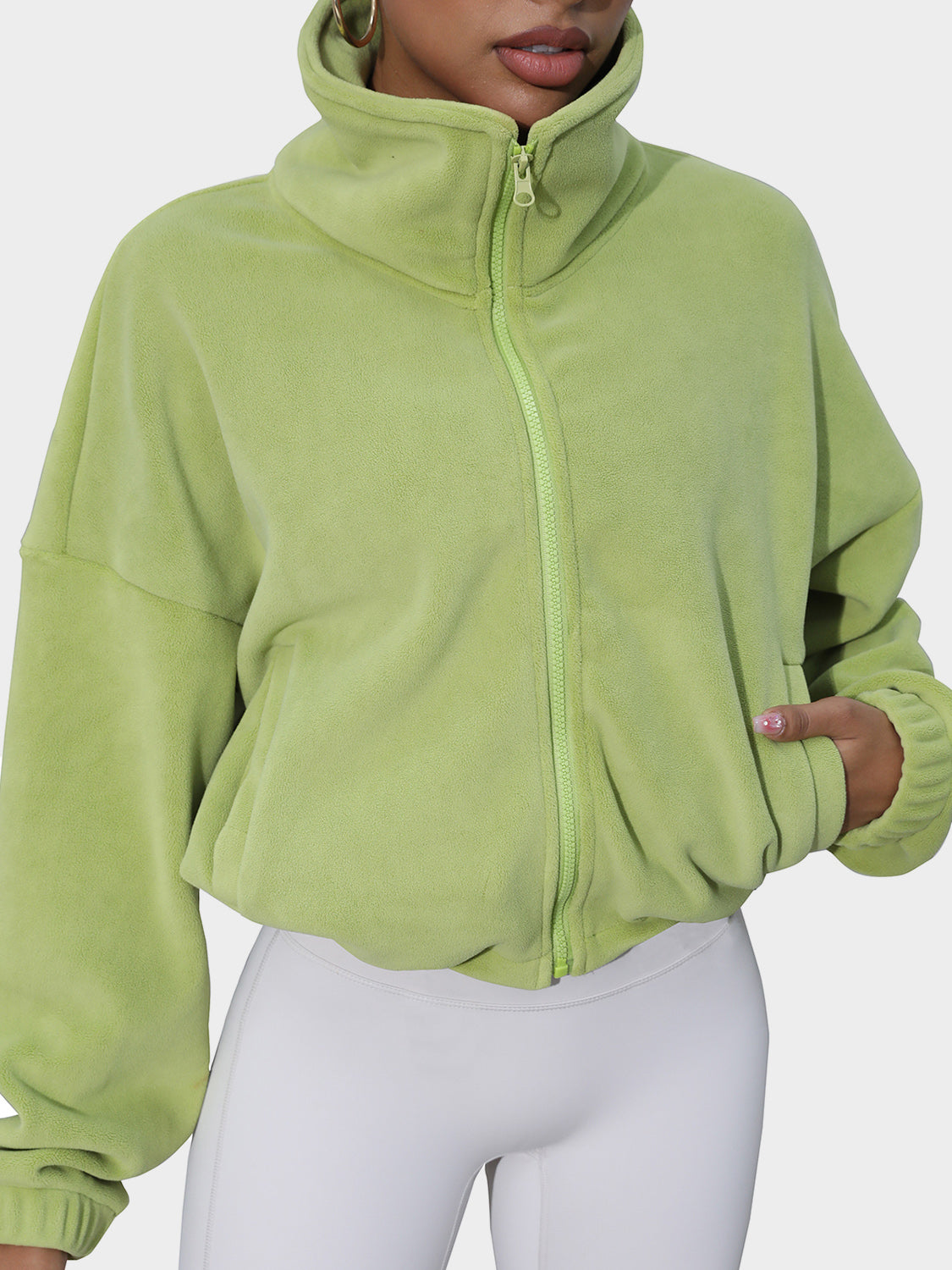 Drawstring Turtleneck Zip Up Long Sleeve Jacket-TOPS / DRESSES-[Adult]-[Female]-Lime-S-2022 Online Blue Zone Planet