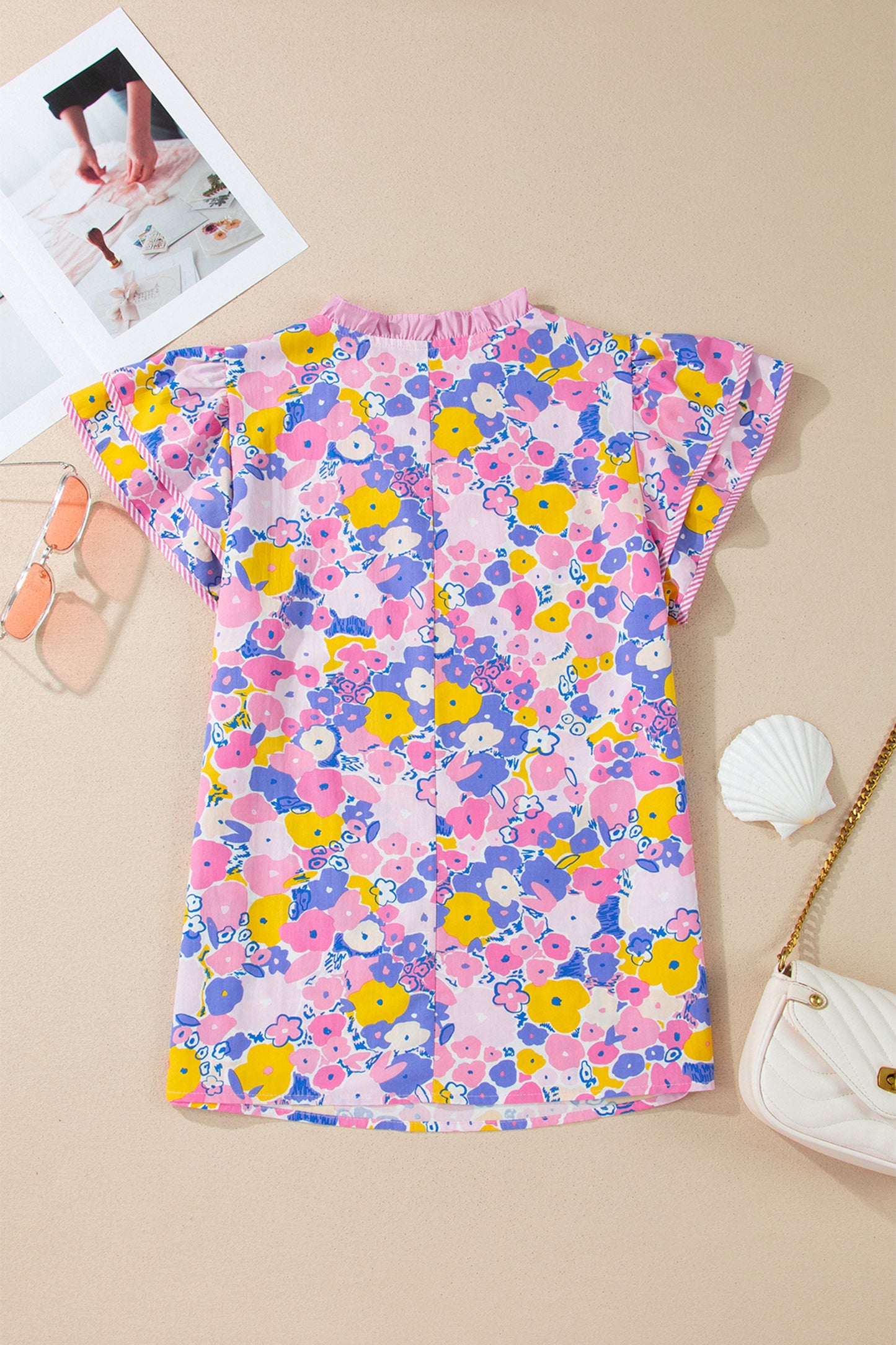 Pink Playful Floral Print Striped Color Block Patchwork V Neck Flutter Sleeve Blouse-Tops/Blouses & Shirts-[Adult]-[Female]-2022 Online Blue Zone Planet