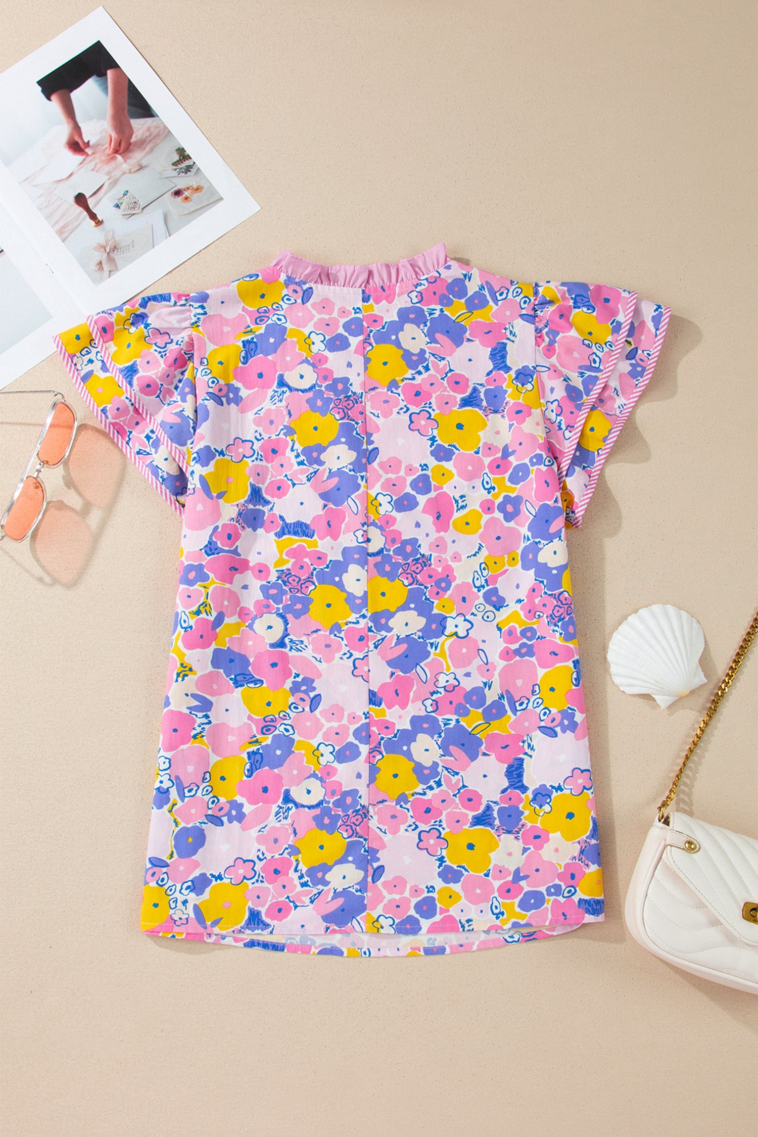 Pink Playful Floral Print Striped Color Block Patchwork V Neck Flutter Sleeve Blouse-Tops/Blouses & Shirts-[Adult]-[Female]-2022 Online Blue Zone Planet