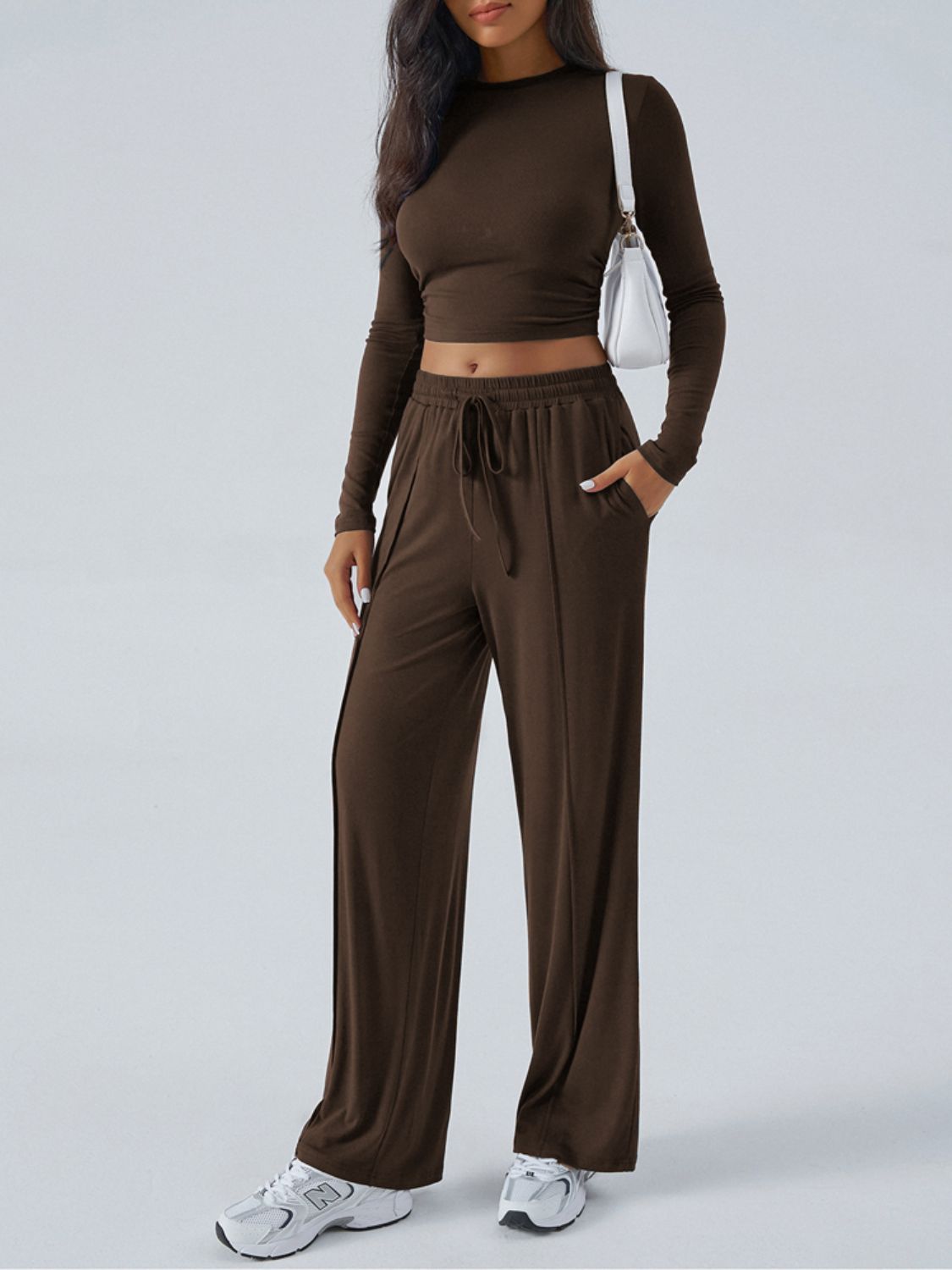 Blue Zone Planet | Devine Round Neck Long Sleeve Top and Pants Set-TOPS / DRESSES-[Adult]-[Female]-Coffee Brown-S-2022 Online Blue Zone Planet